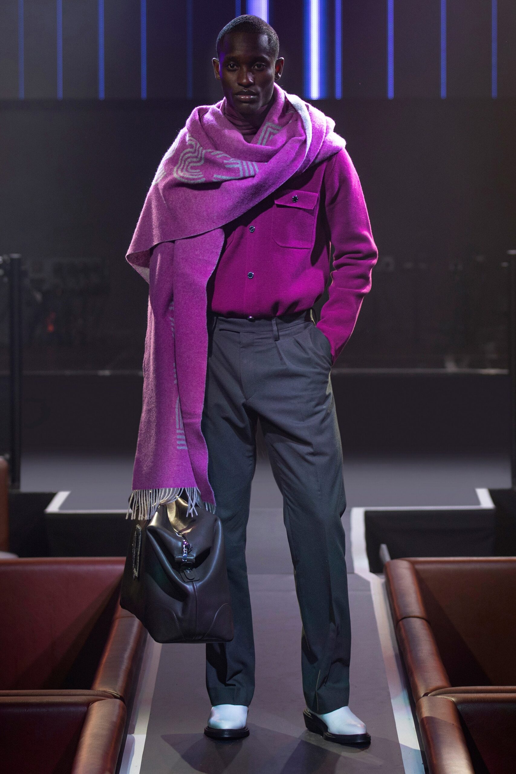 purple shirt gray pants outfit