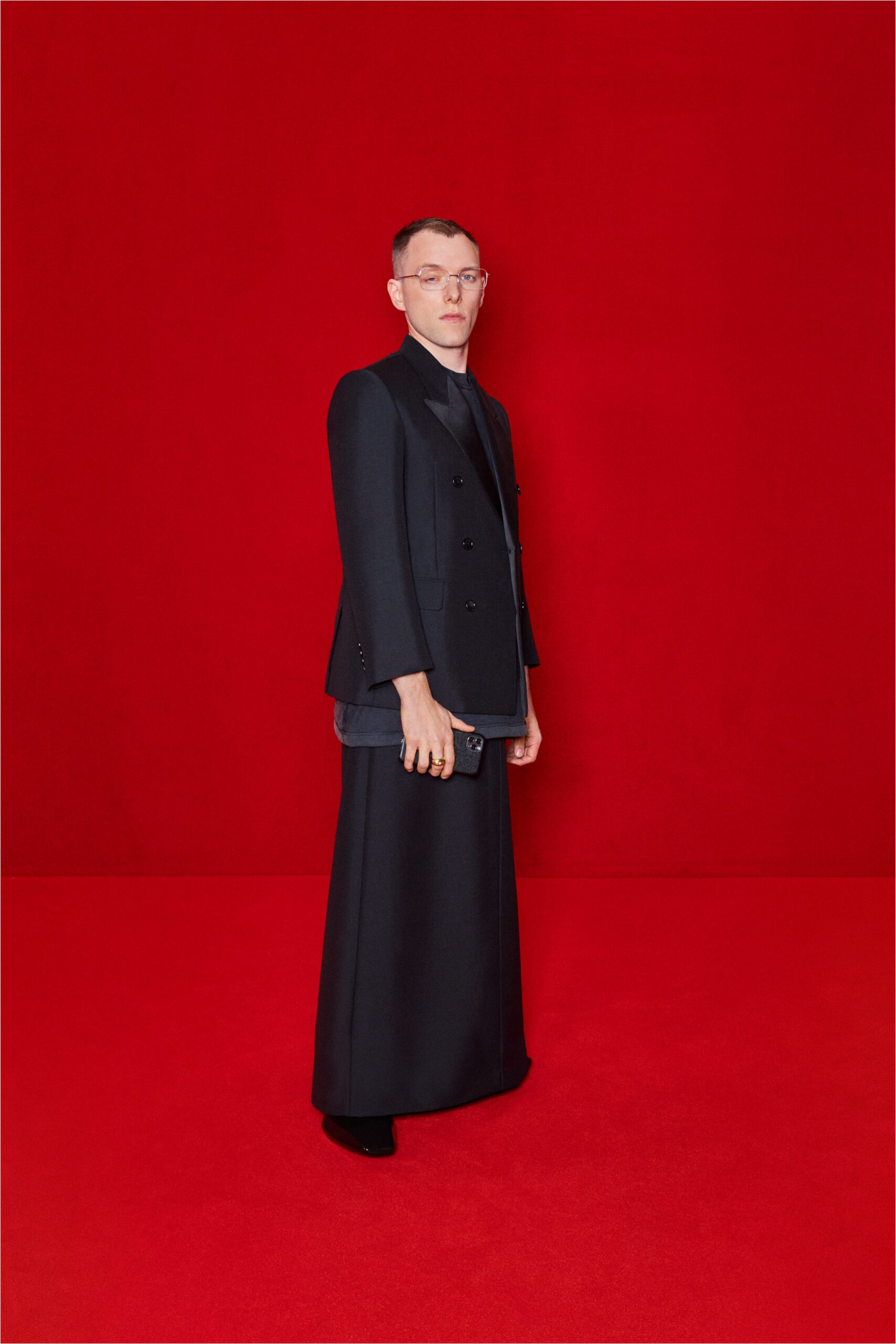 black structured blazer and maxi skirt