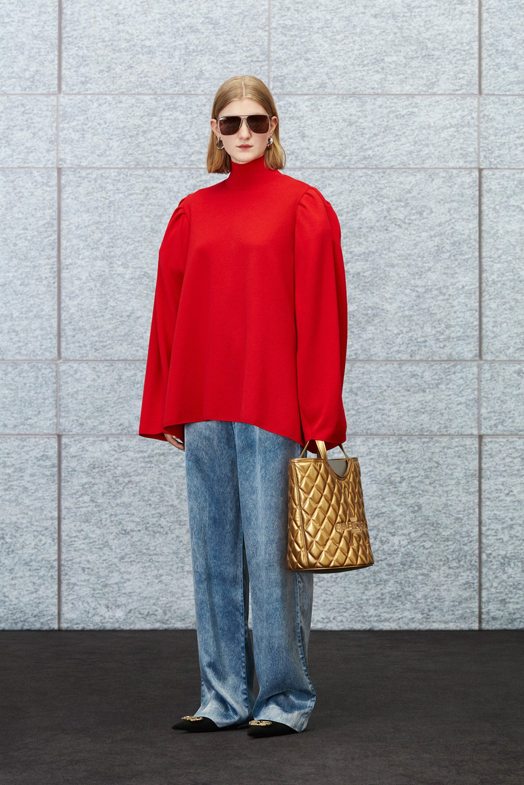 red cotton long-sleeve high-neck relaxed padded top