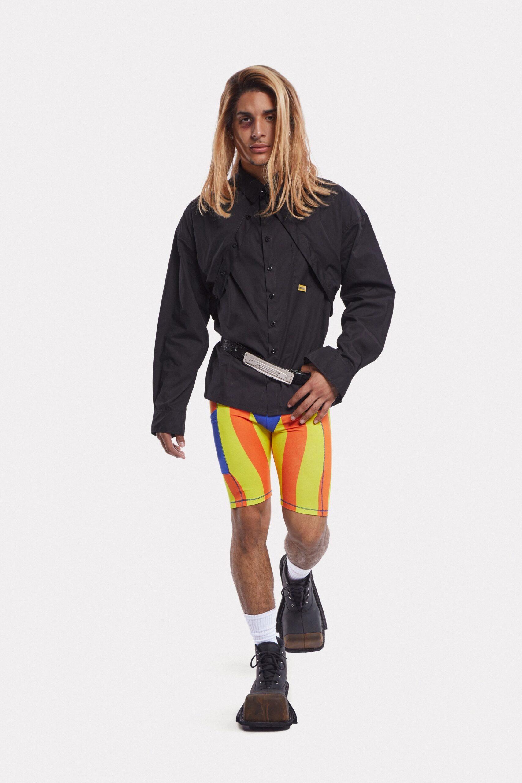 black relaxed jacket with colorful shorts