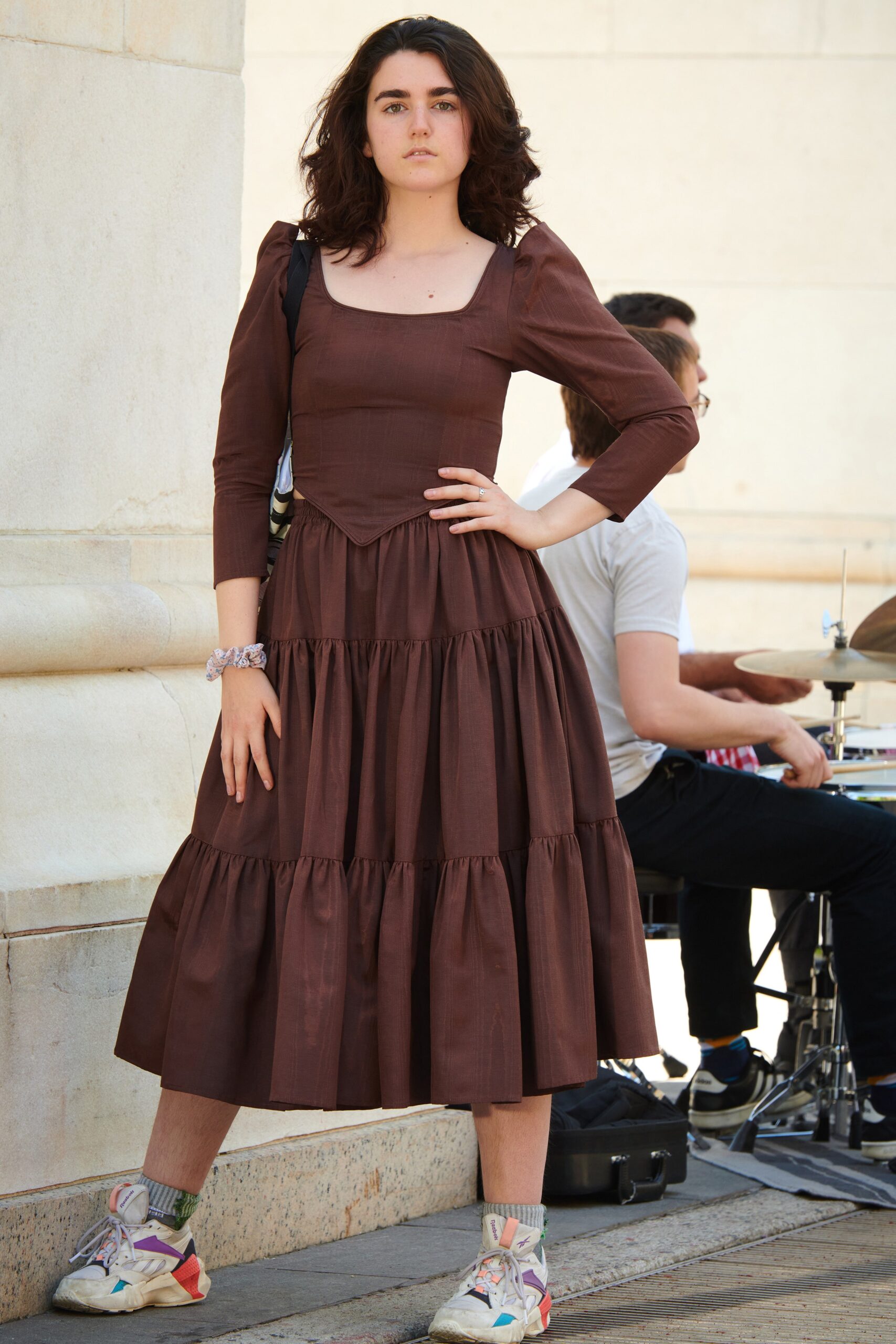 brown cotton long-sleeve tiered dress