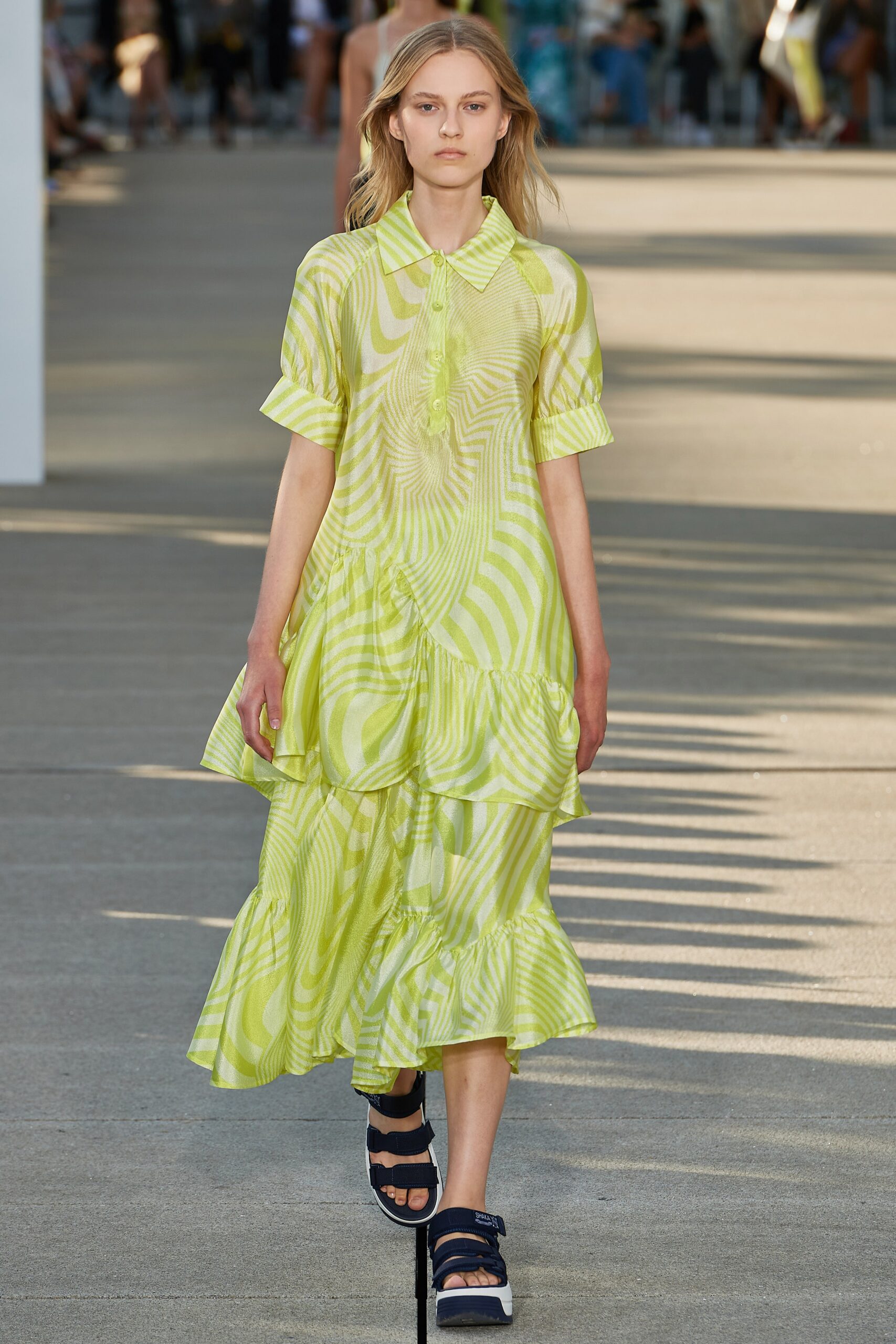 yellow green printed tiered dress
