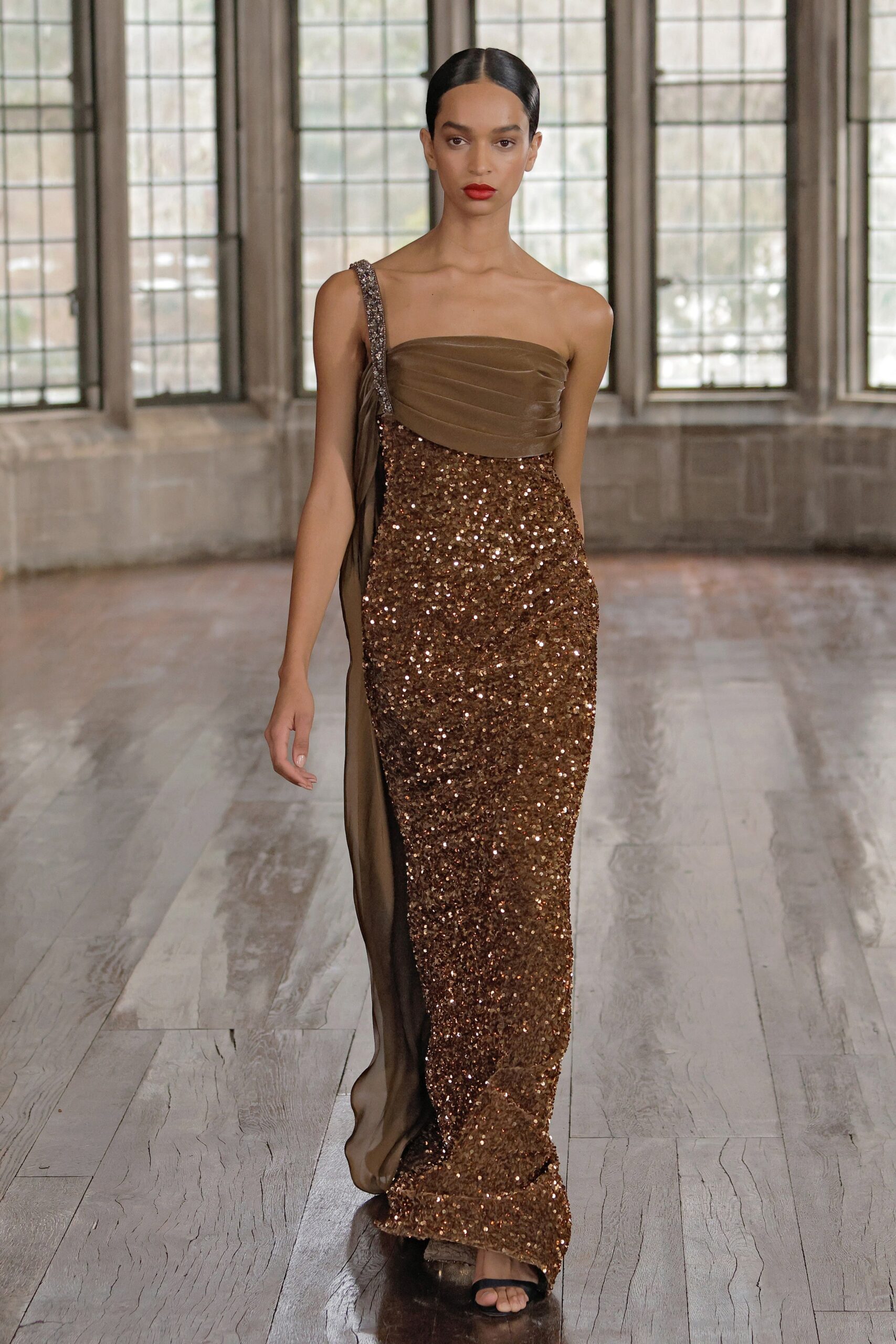 brown gold sequined gown