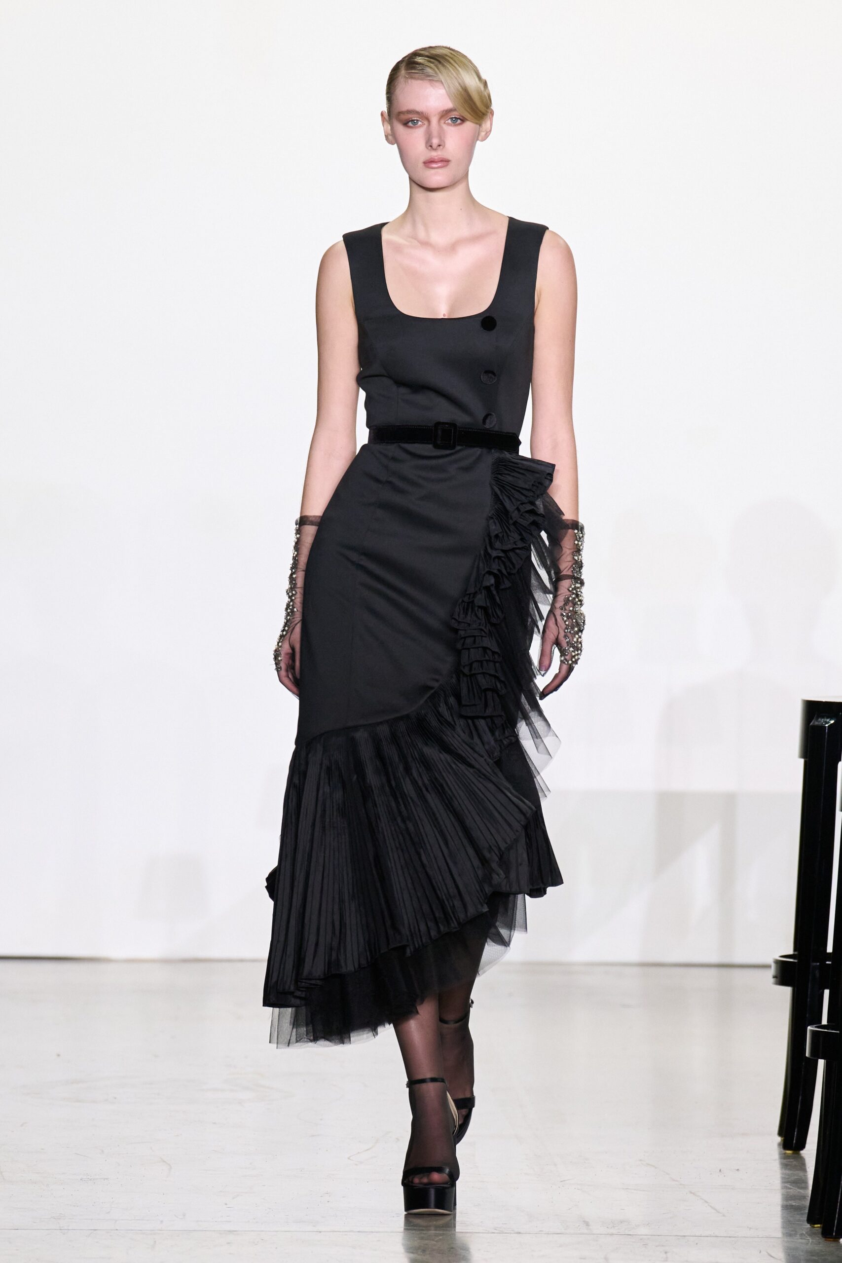 black fitted midi dress with ruffles