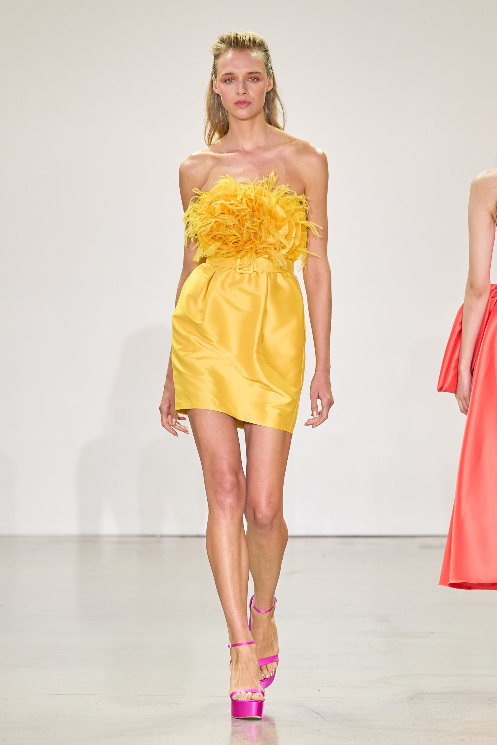 yellow strapless ruffled dress