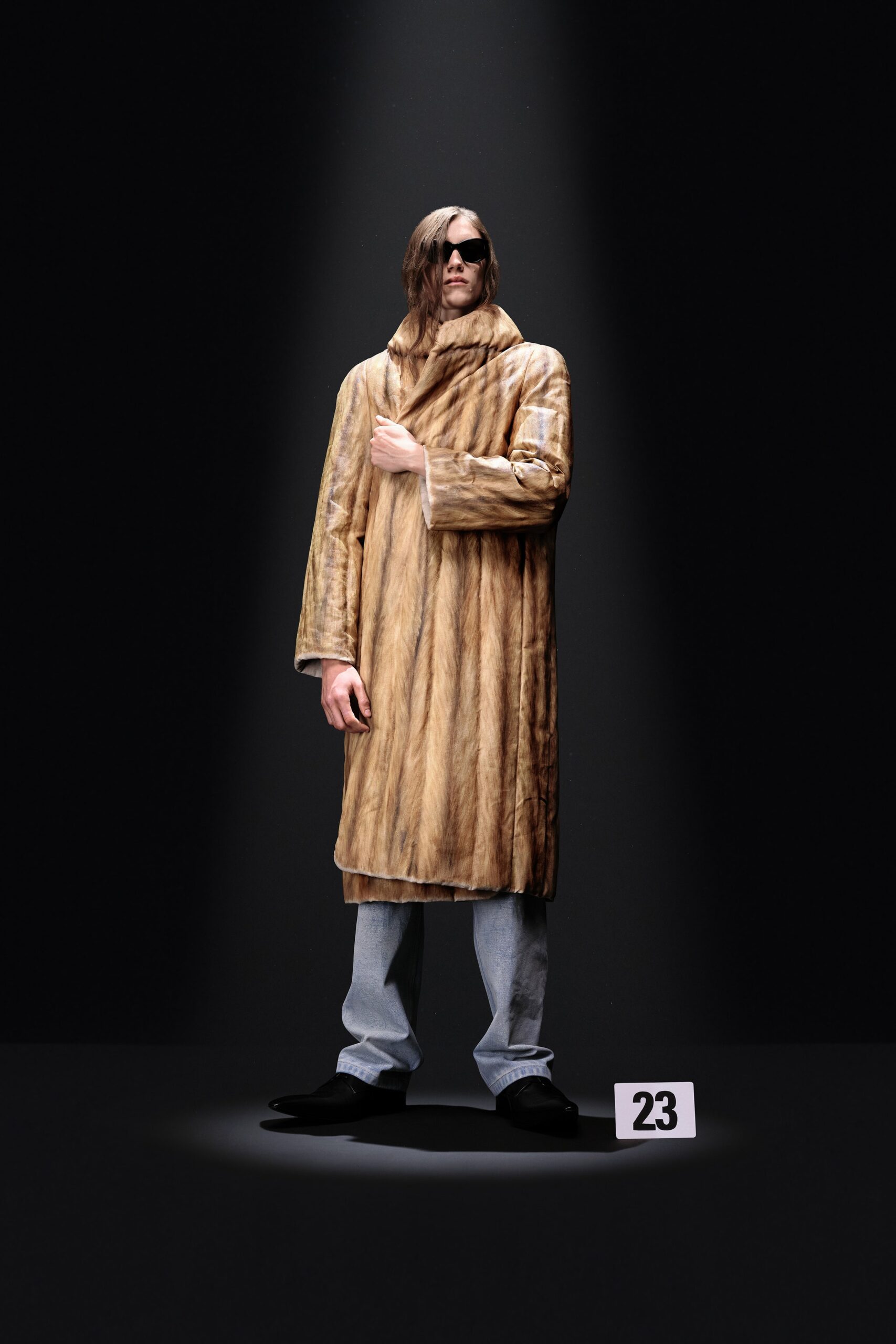 brown fur coat with denim pants