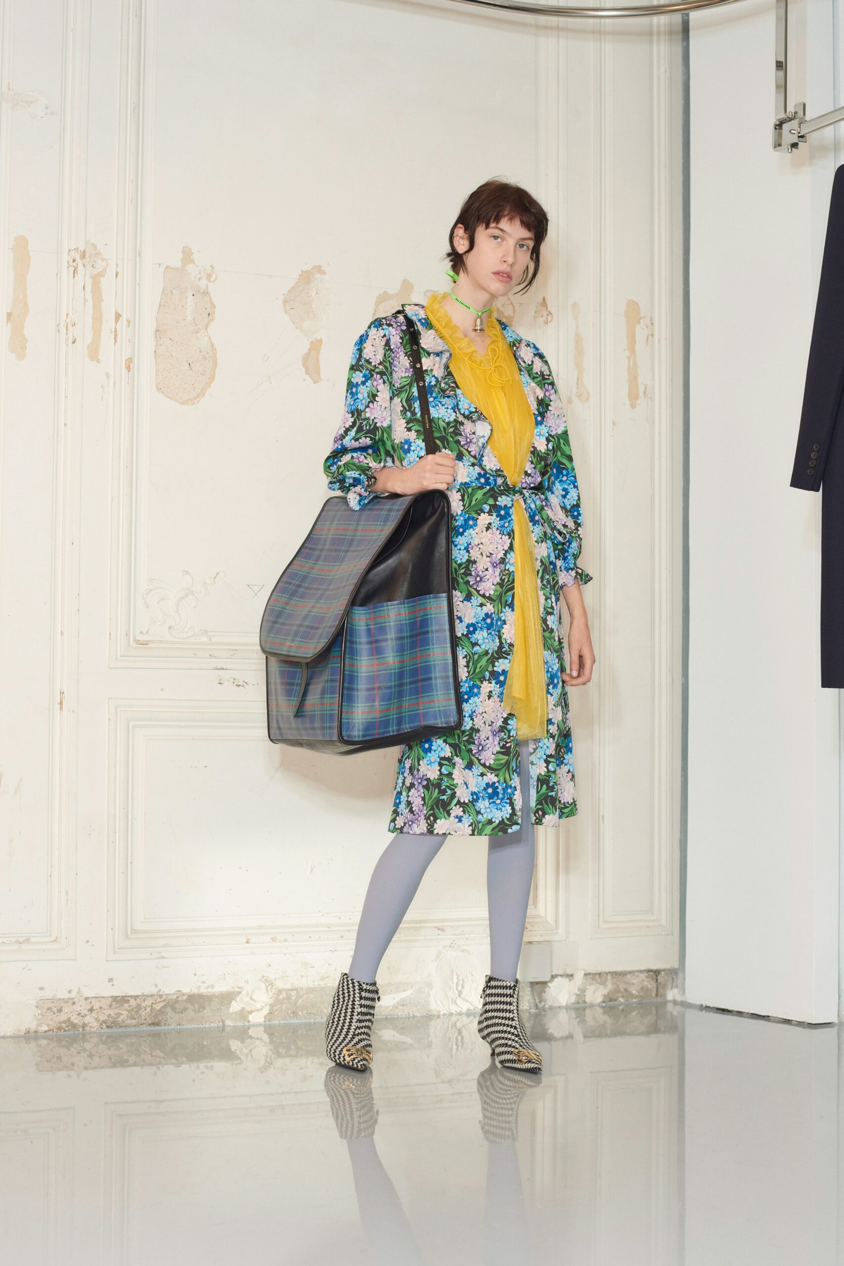 floral midi dress with checked bag