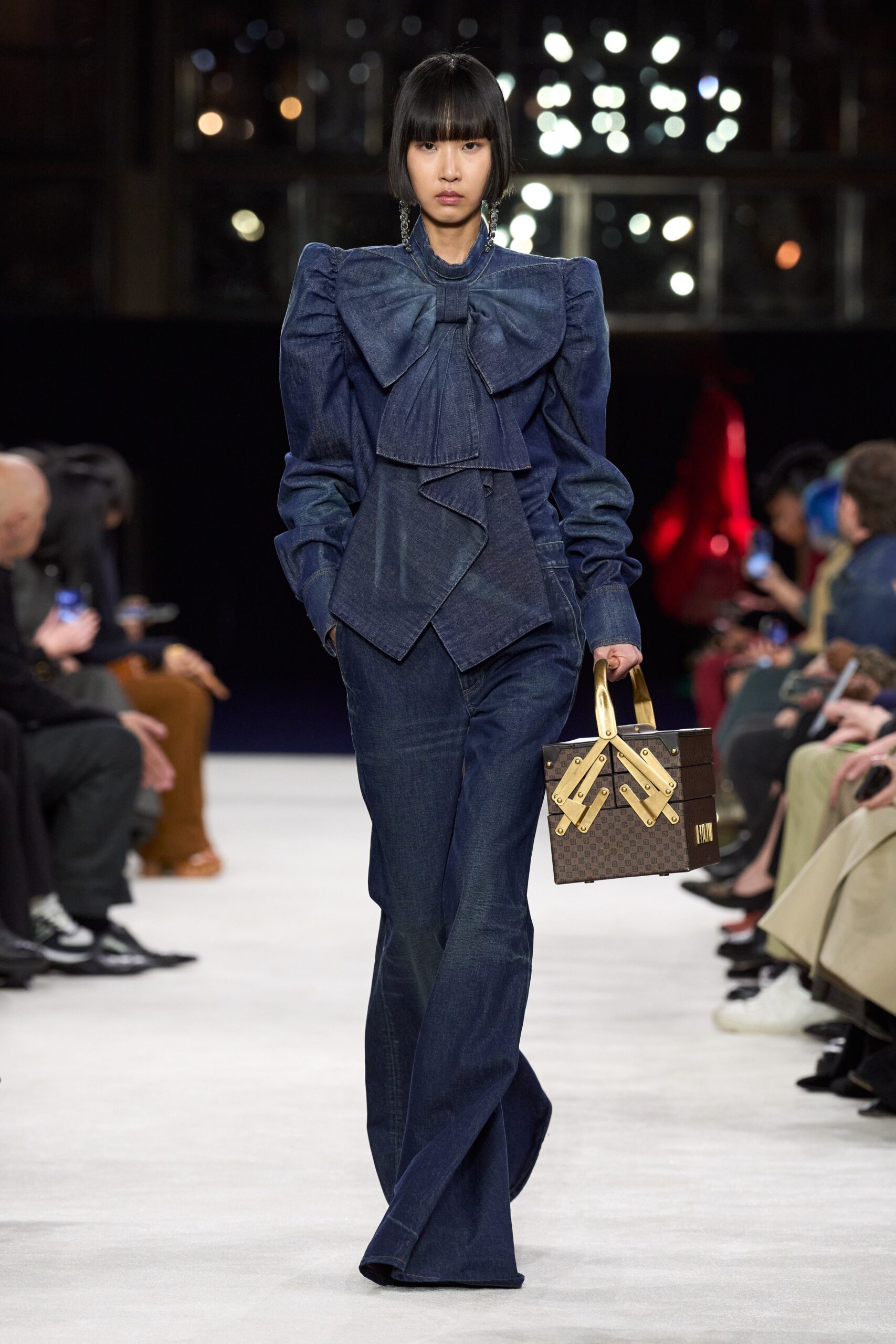 blue denim long-sleeve collared fitted ruffled jacket