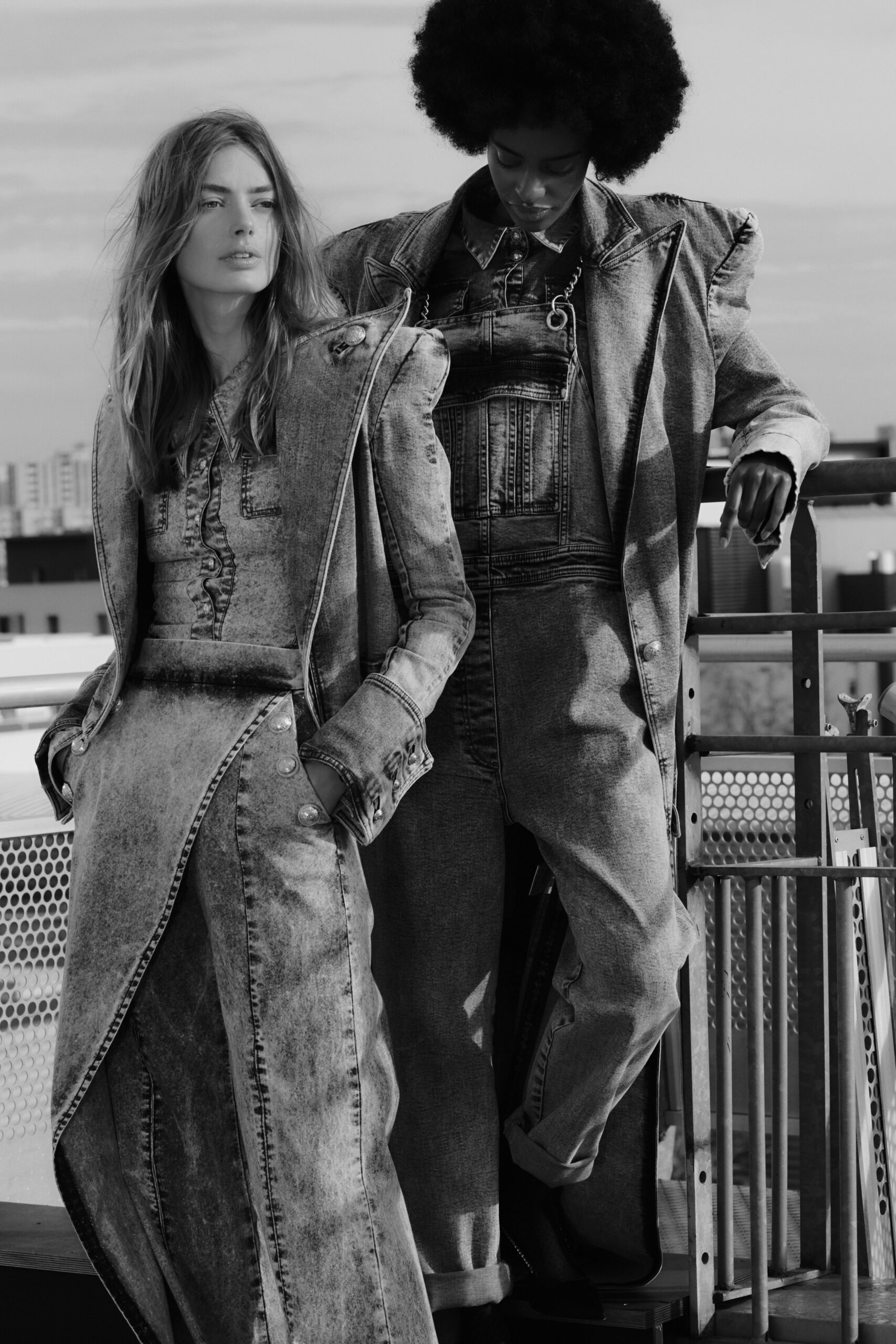 gray denim asymmetric dress and oversized jacket