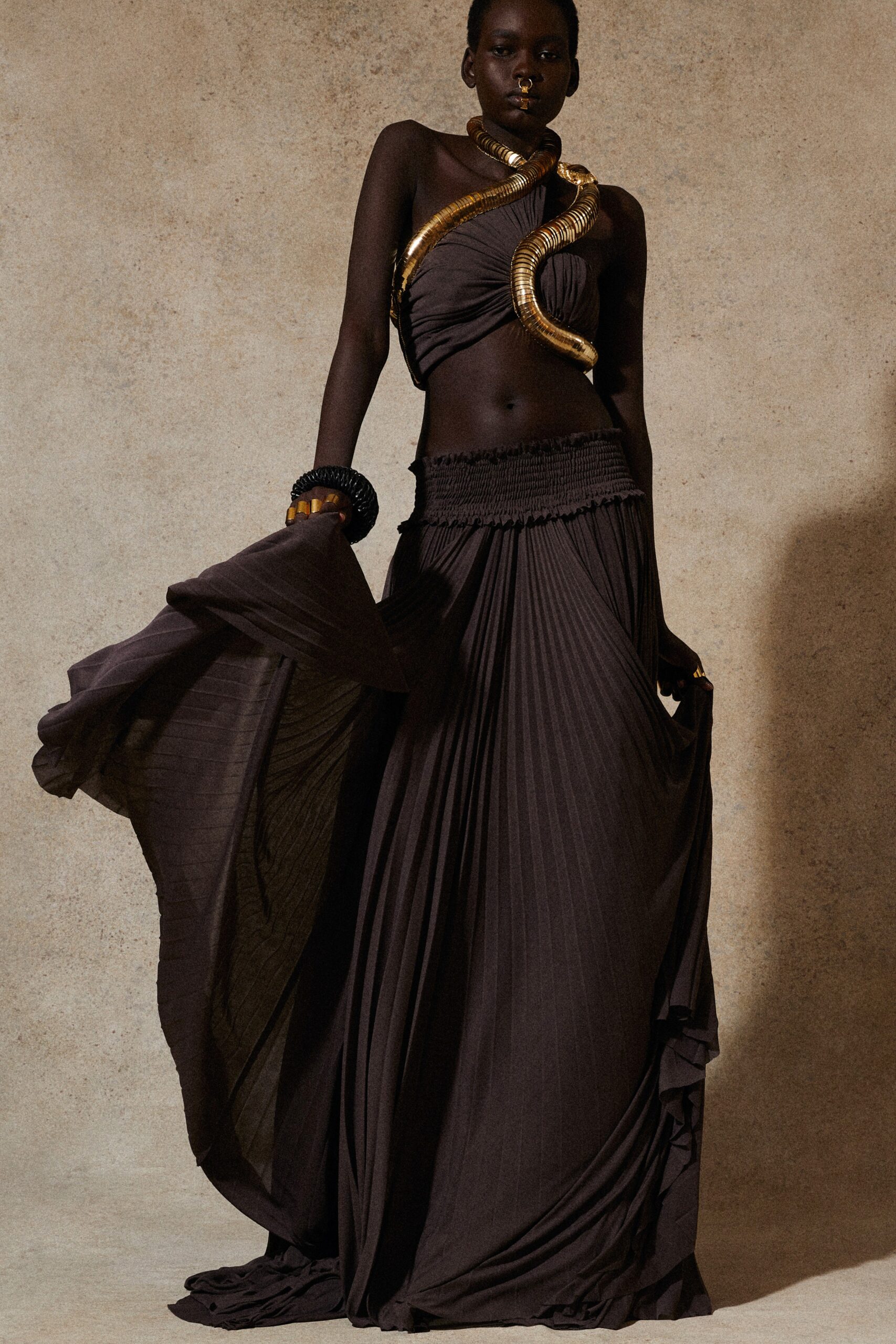 brown silk pleated maxi dress