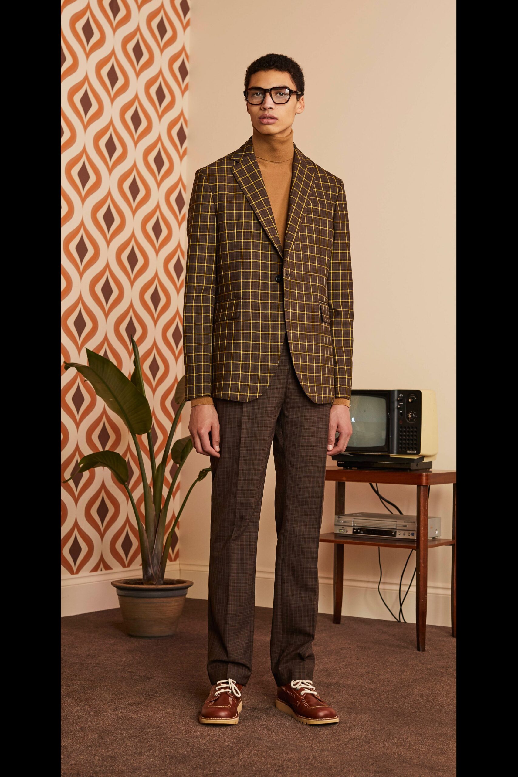 brown checked blazer with turtleneck
