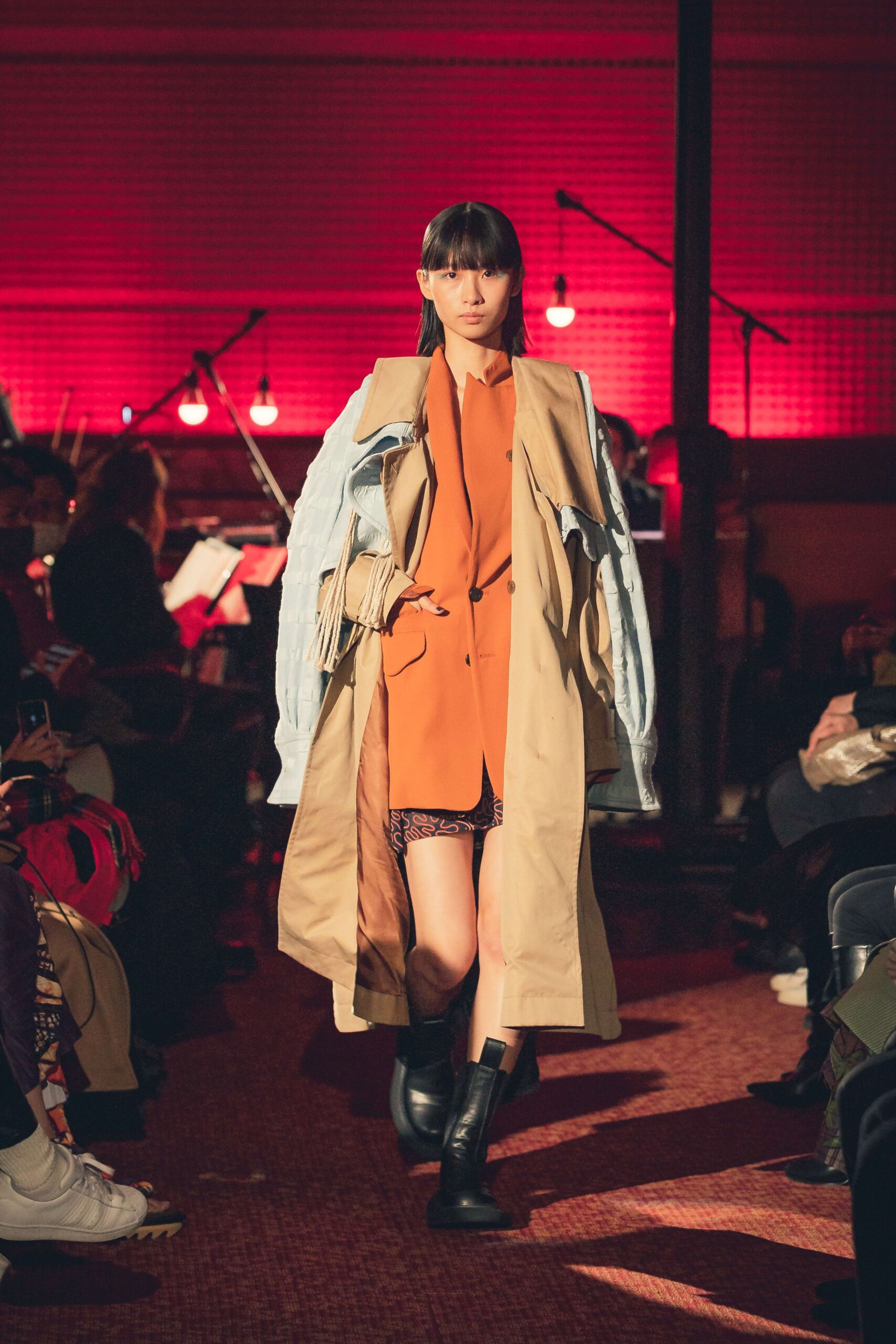 beige oversized coat with orange blazer