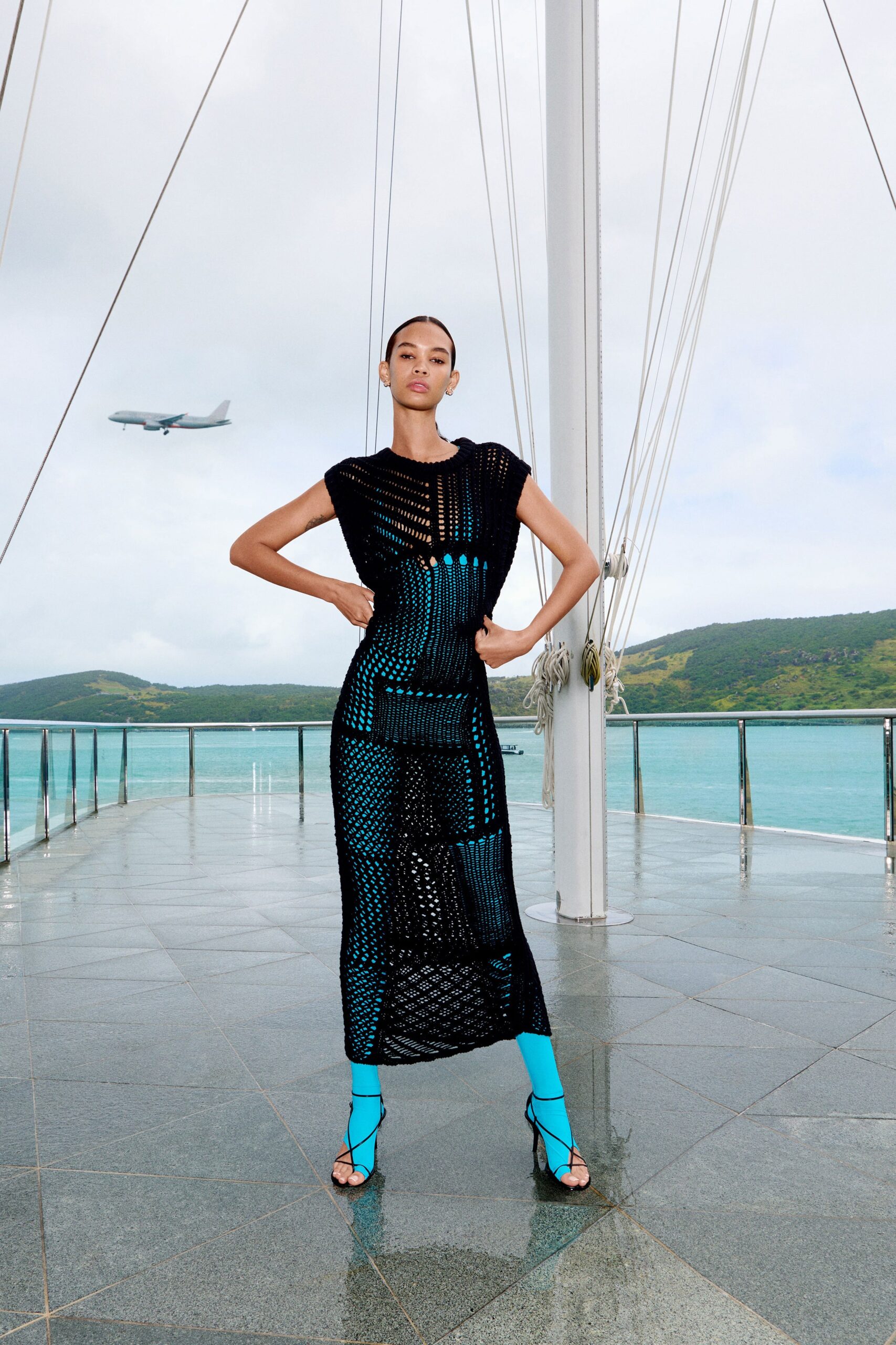 black mesh midi dress with blue shoes