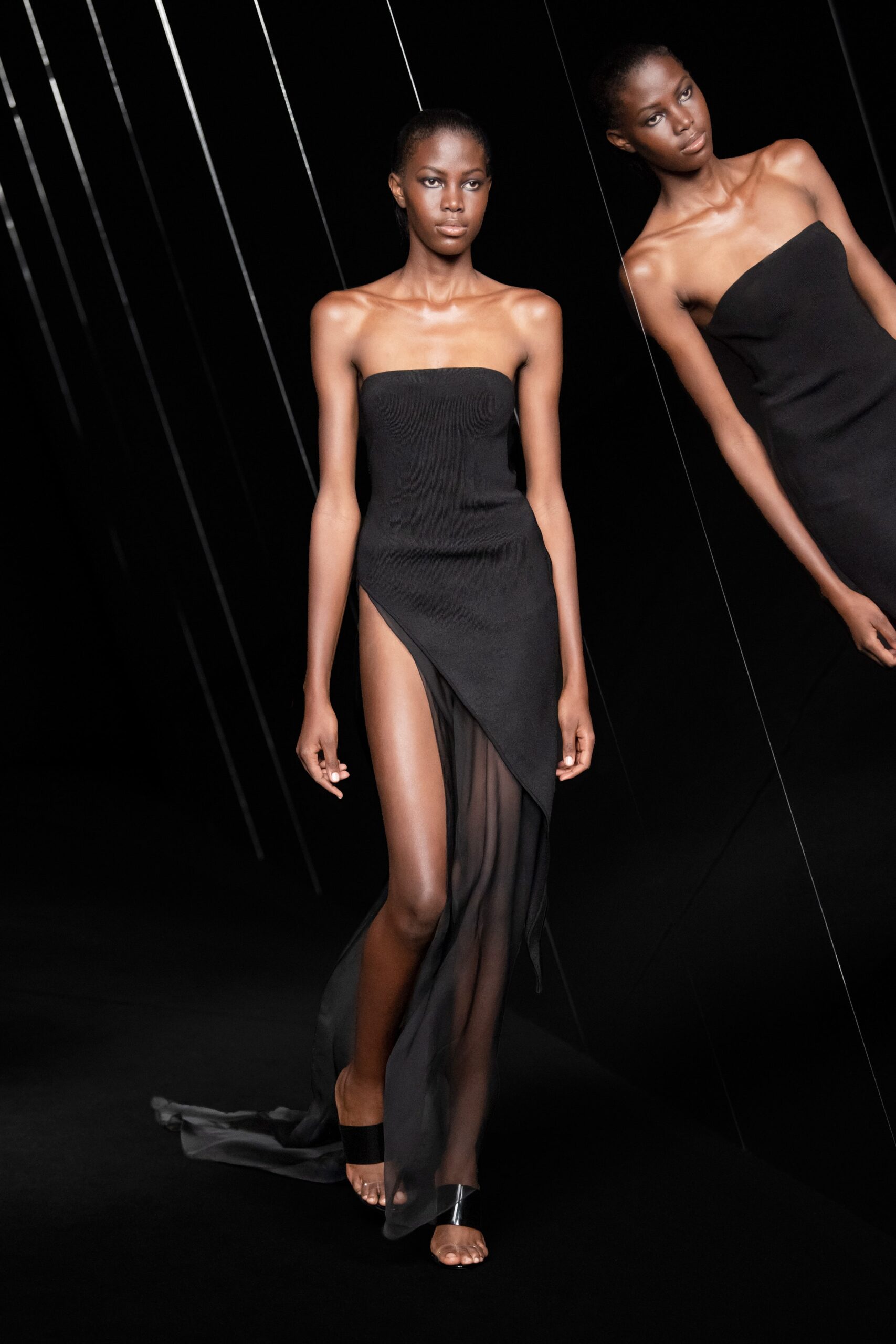 black silk strapless midi dress