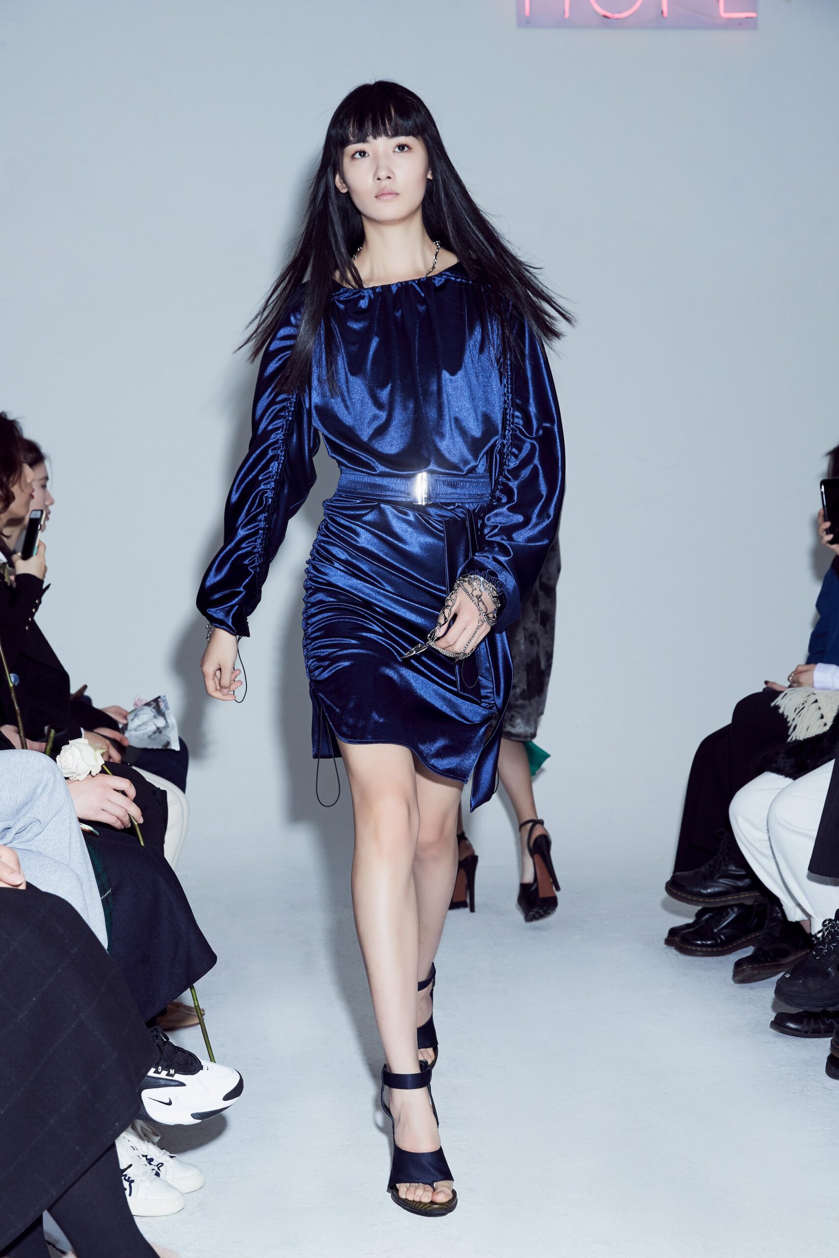 blue silk fitted dress