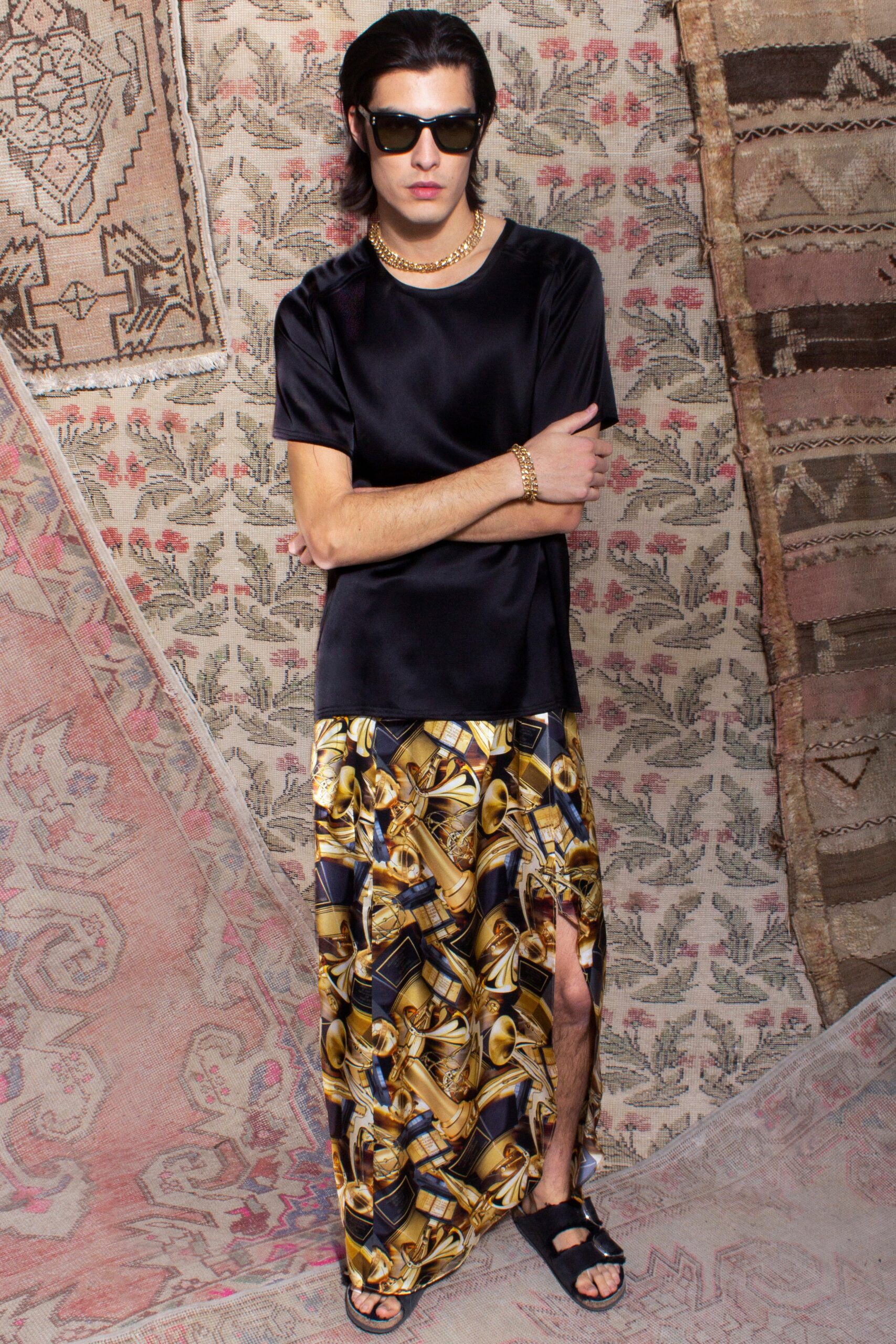 multi silk slit relaxed high-waisted printed flowing skirt