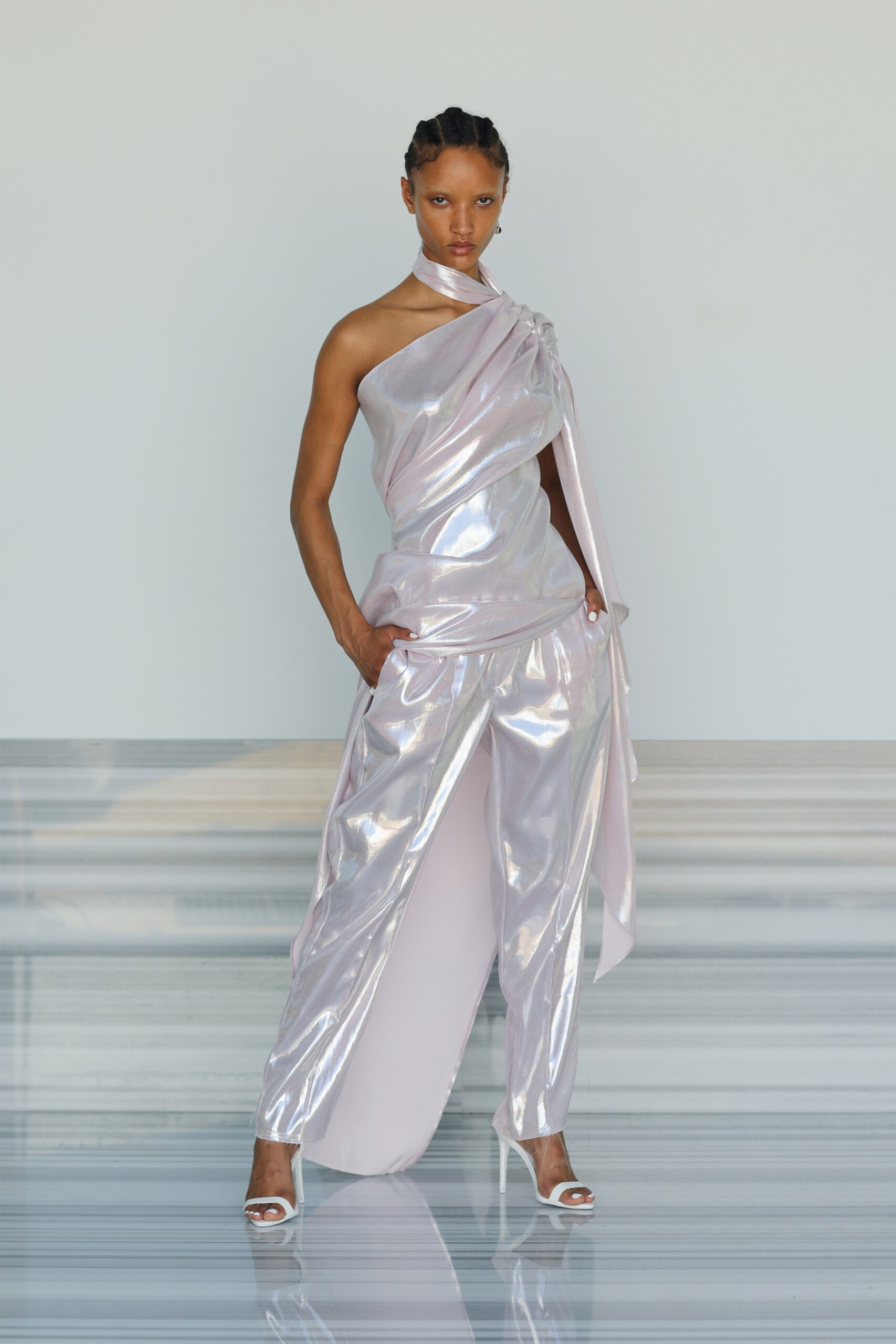 pink metallic asymmetric top and pants