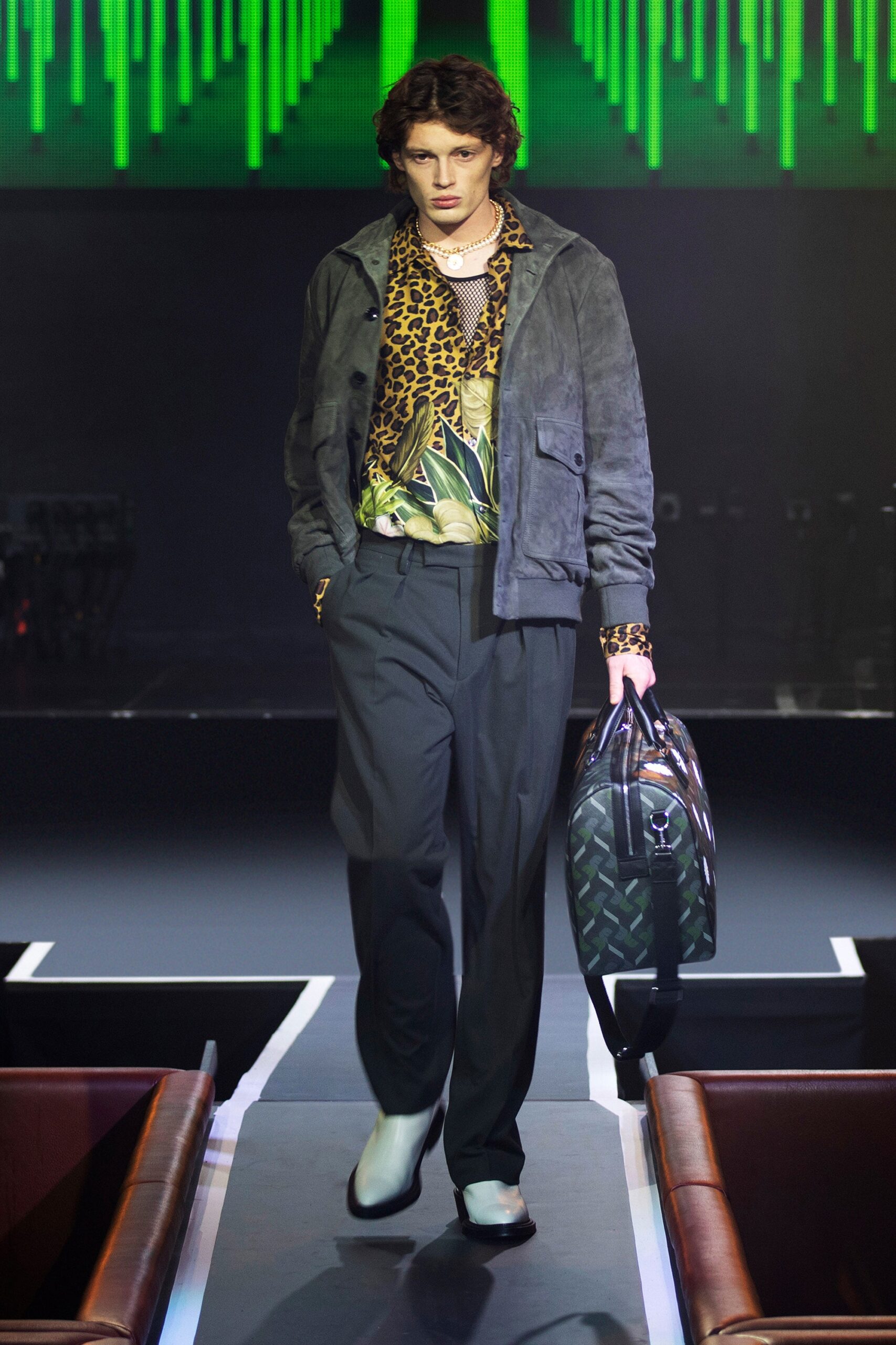 gray suede jacket with printed shirt