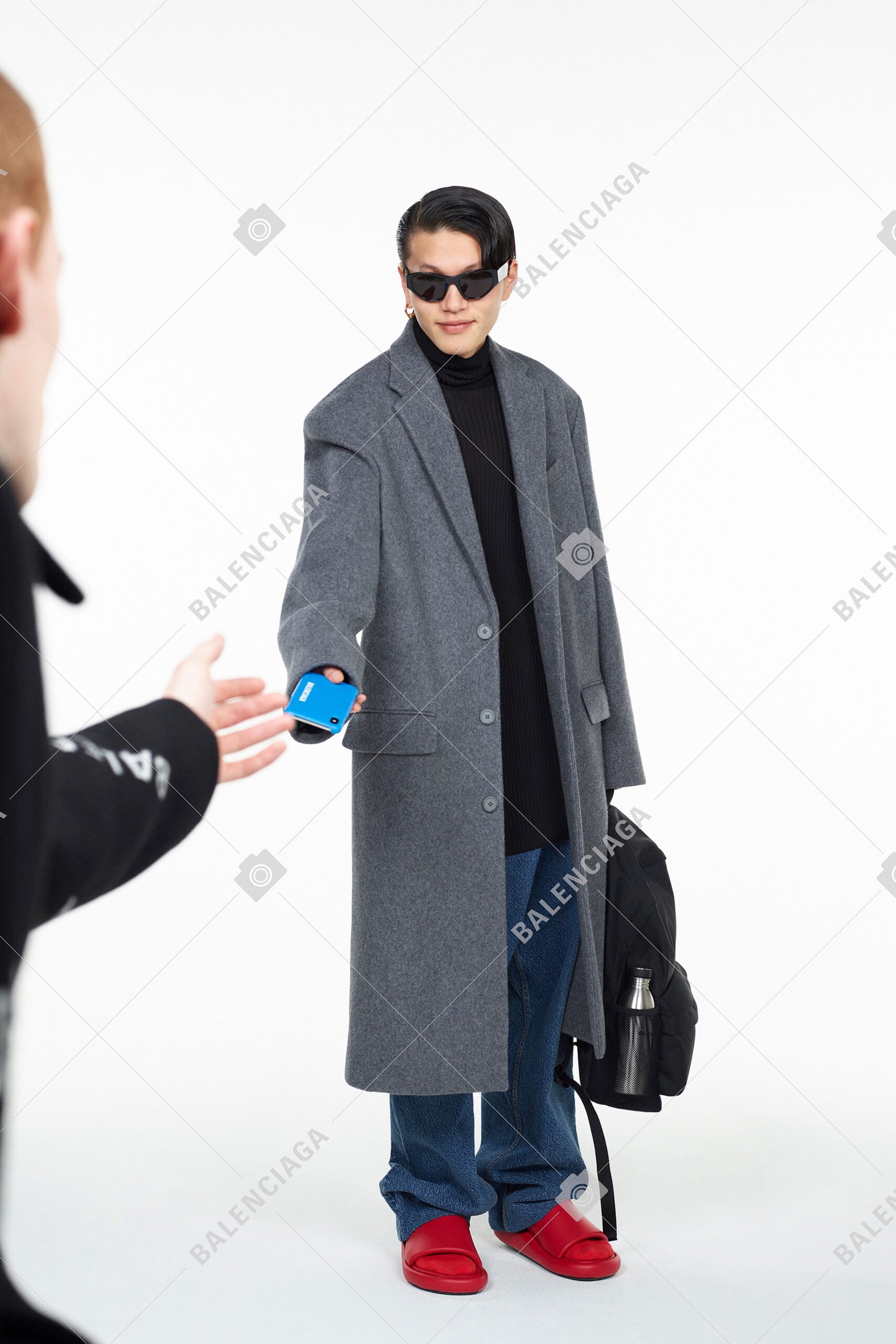 gray wool coat with black turtleneck