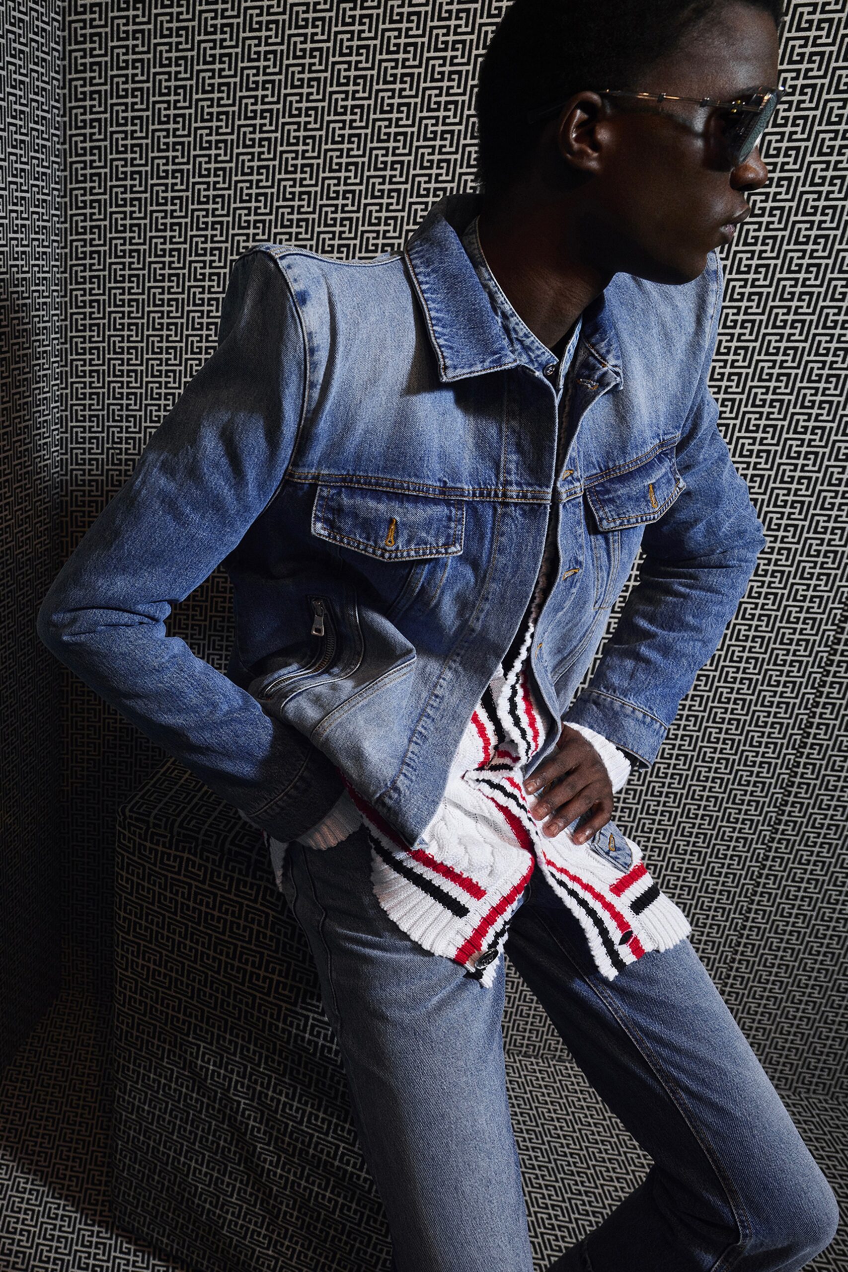 blue denim jacket with white shirt