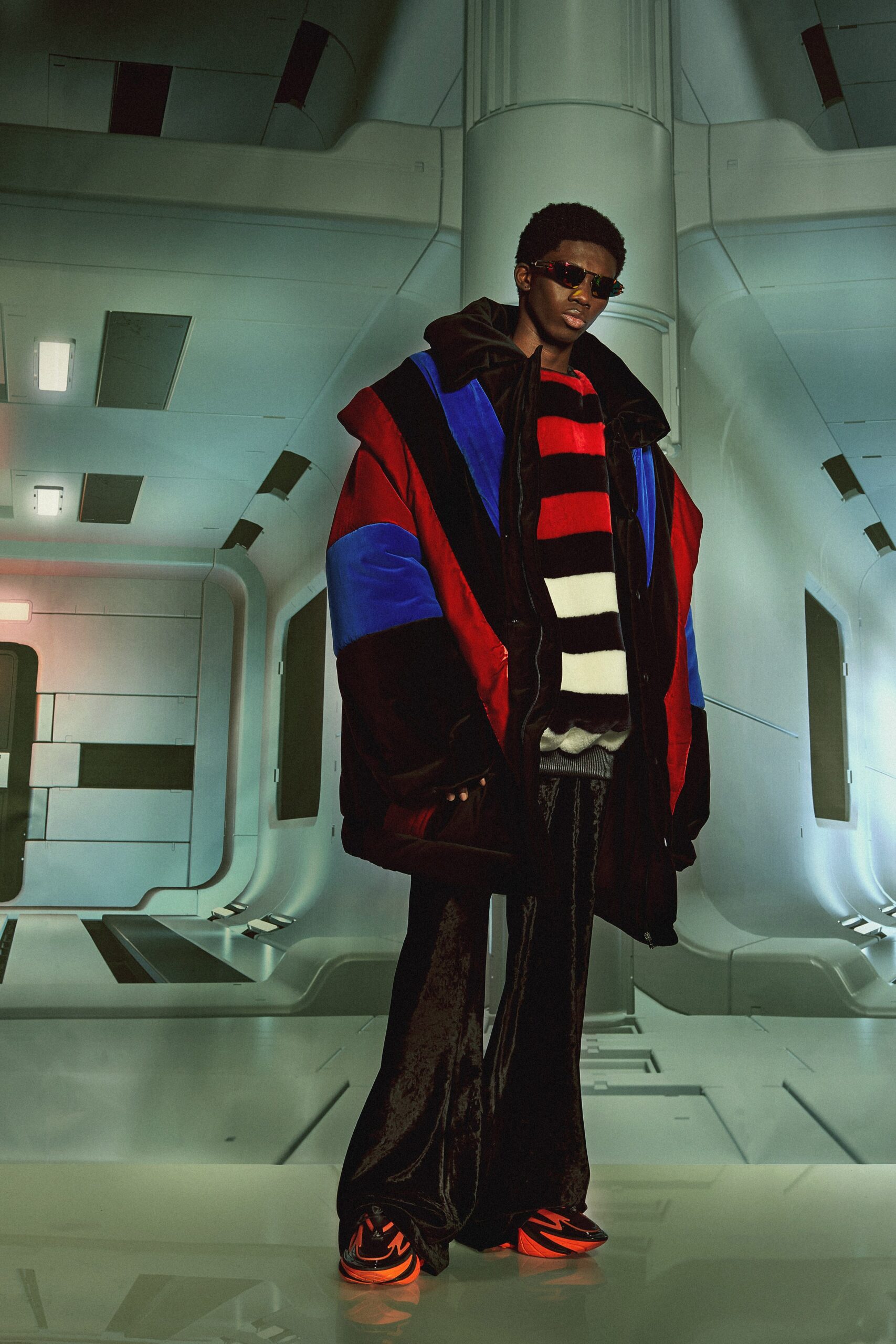 oversized coat with striped sweater