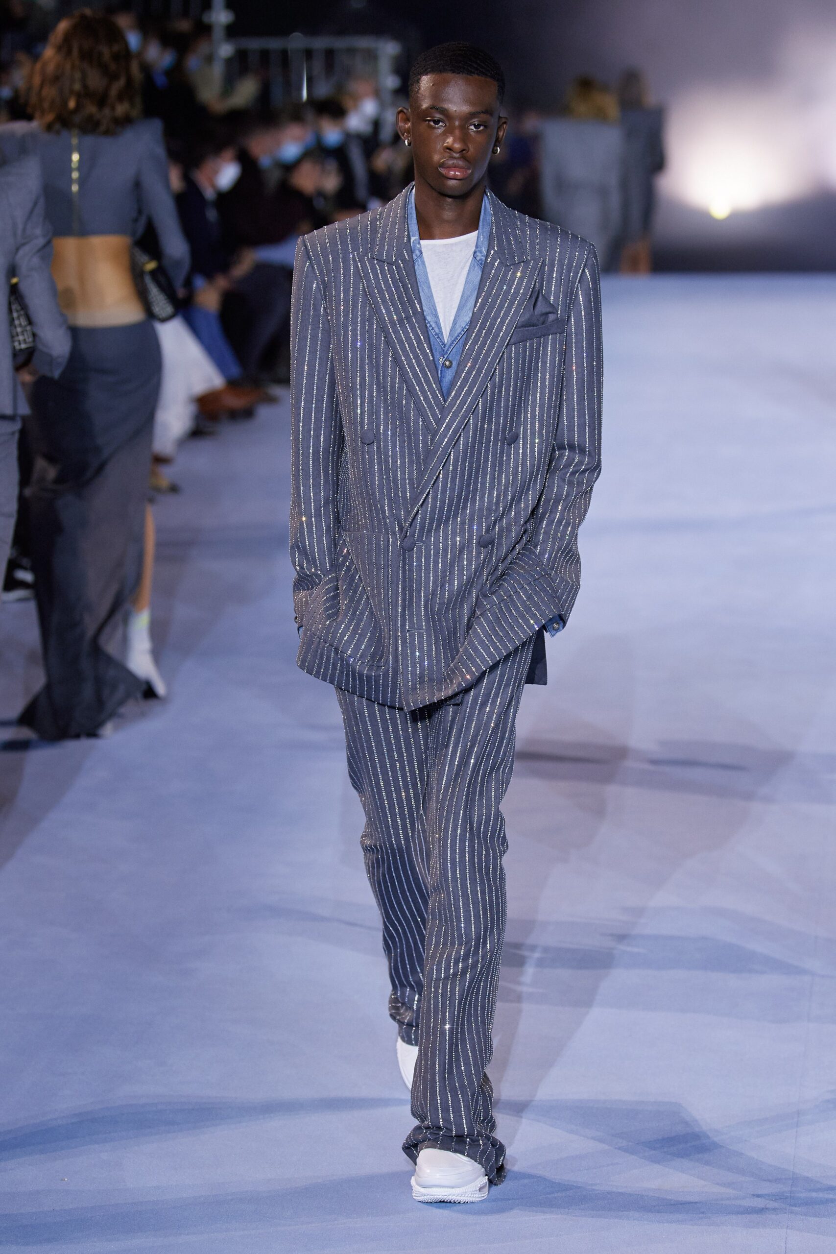 blue striped tailored suit
