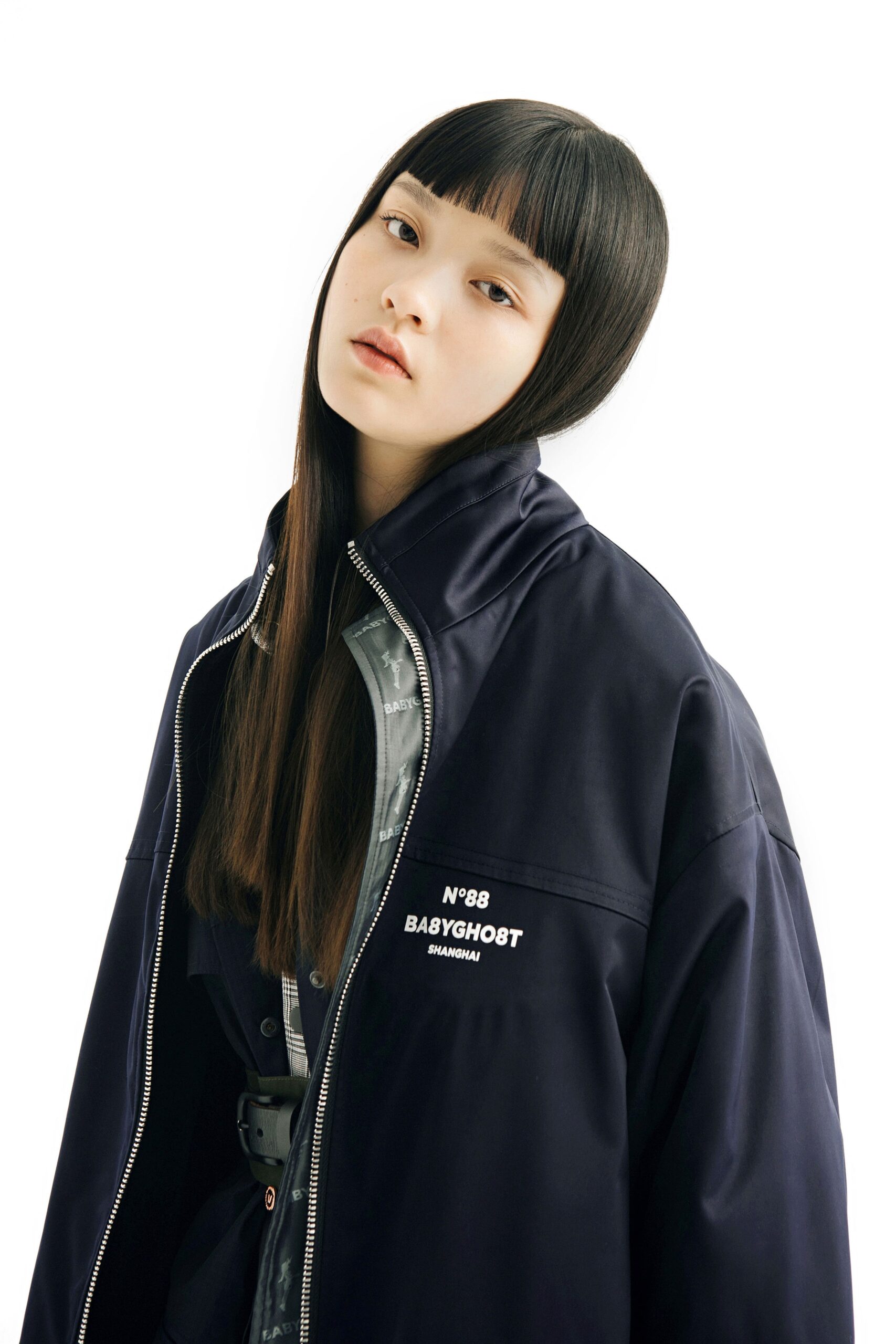 oversized black jacket with gray shirt