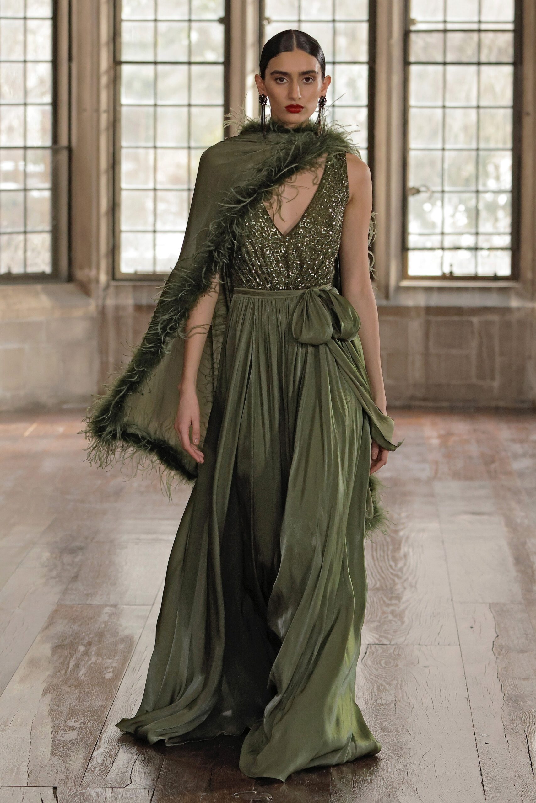 green silk gown with cape
