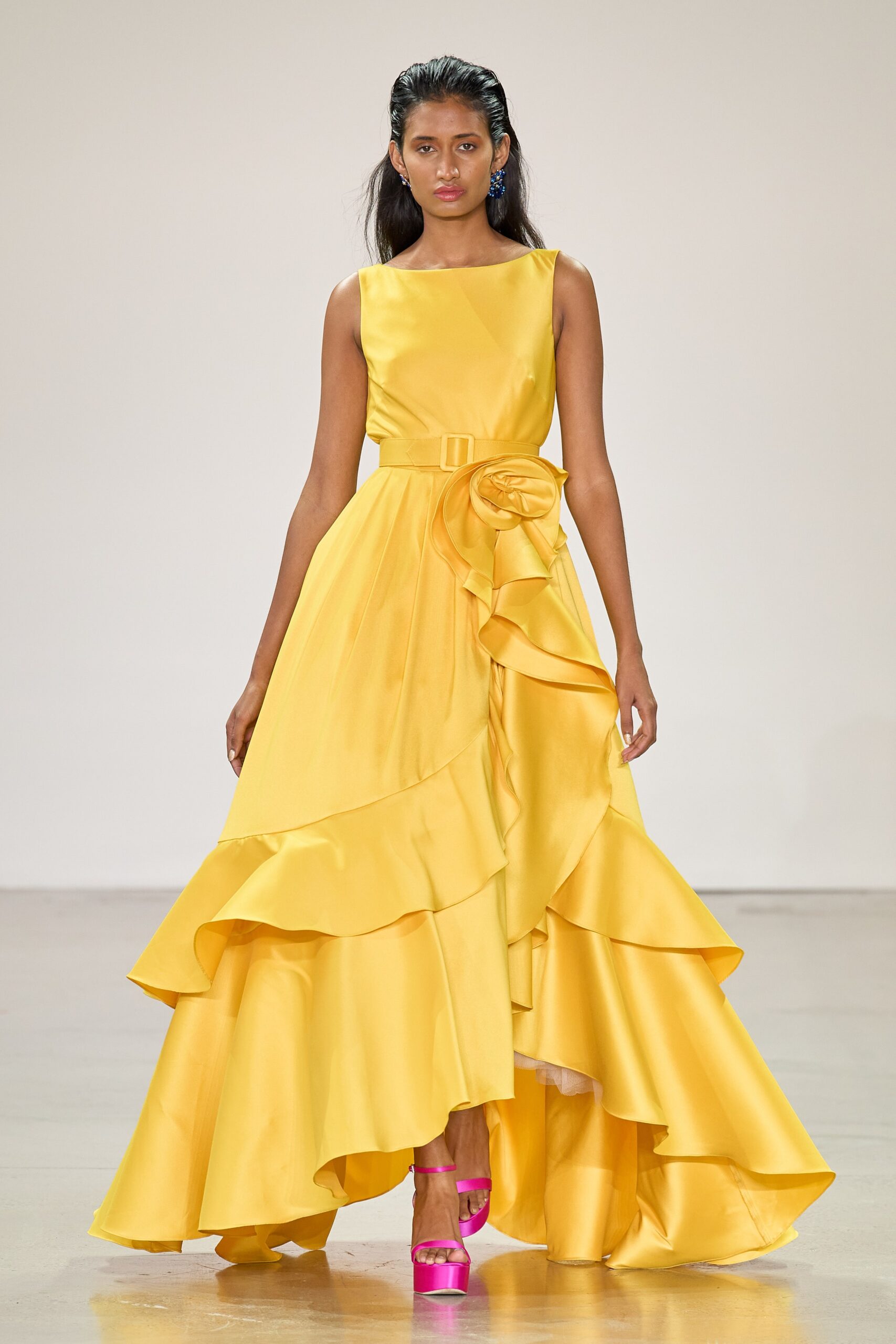 yellow silk sleeveless high-neck fitted tiered ruffled gown