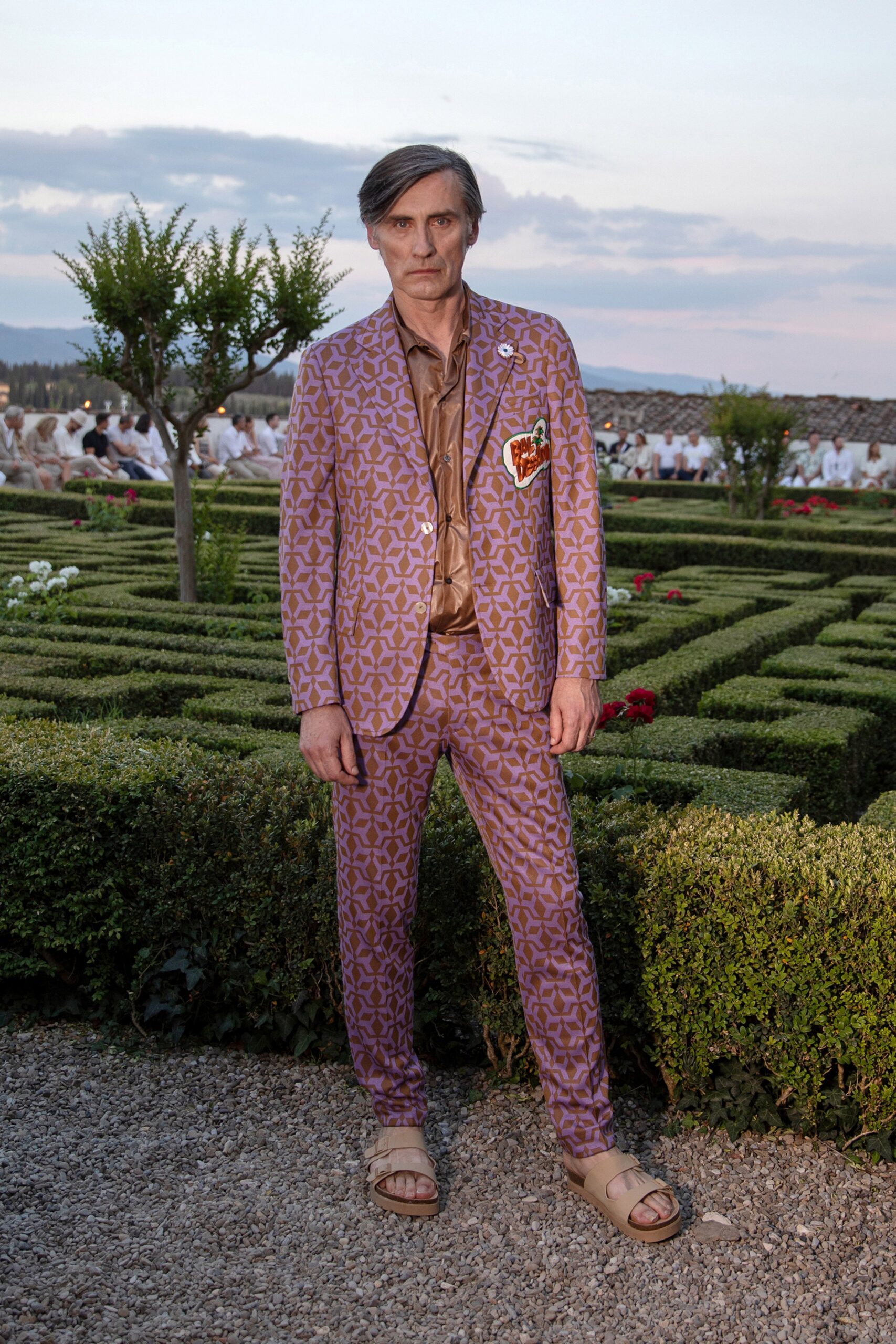 purple printed tailored suit