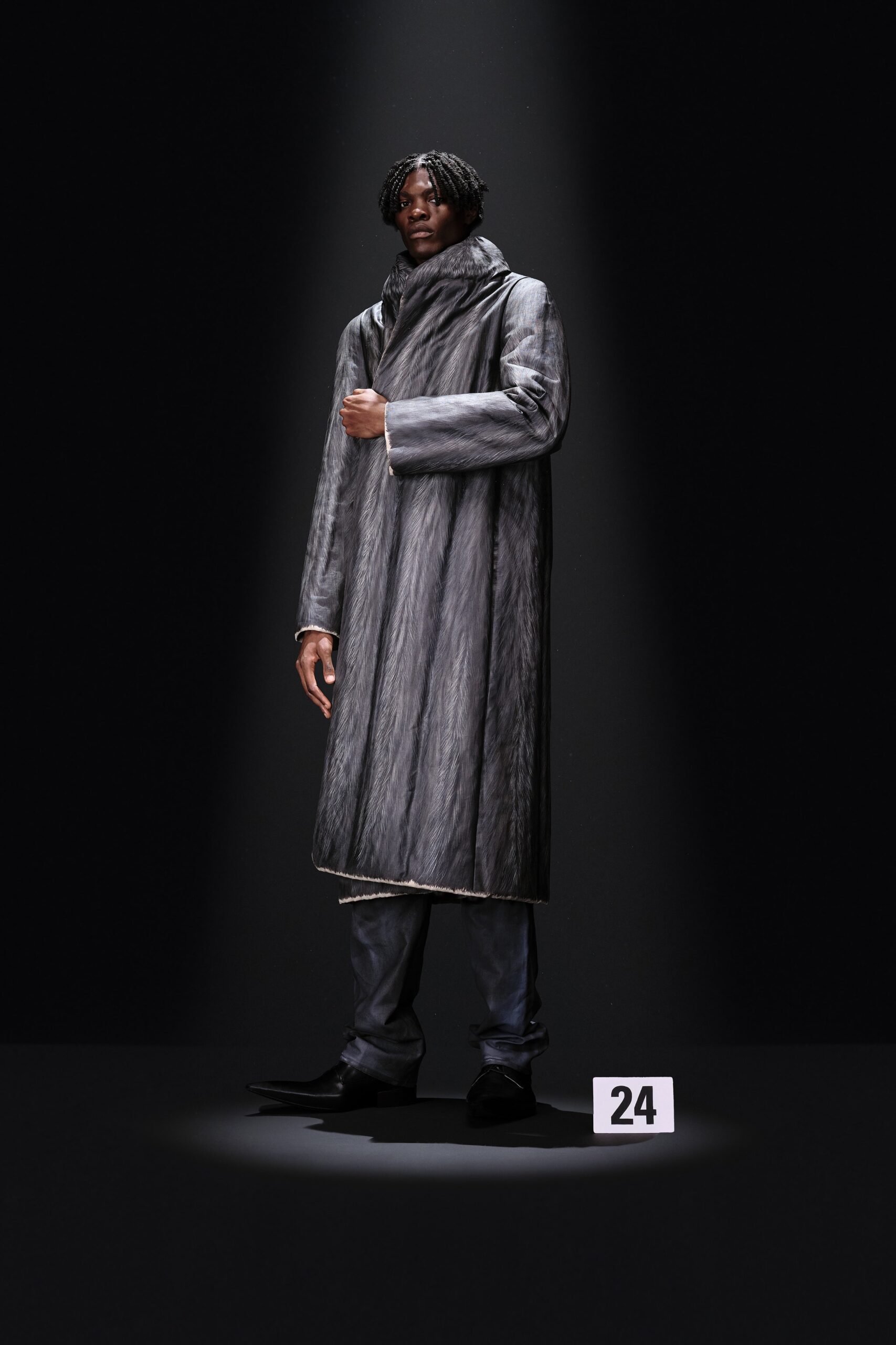 gray fur coat with black pants