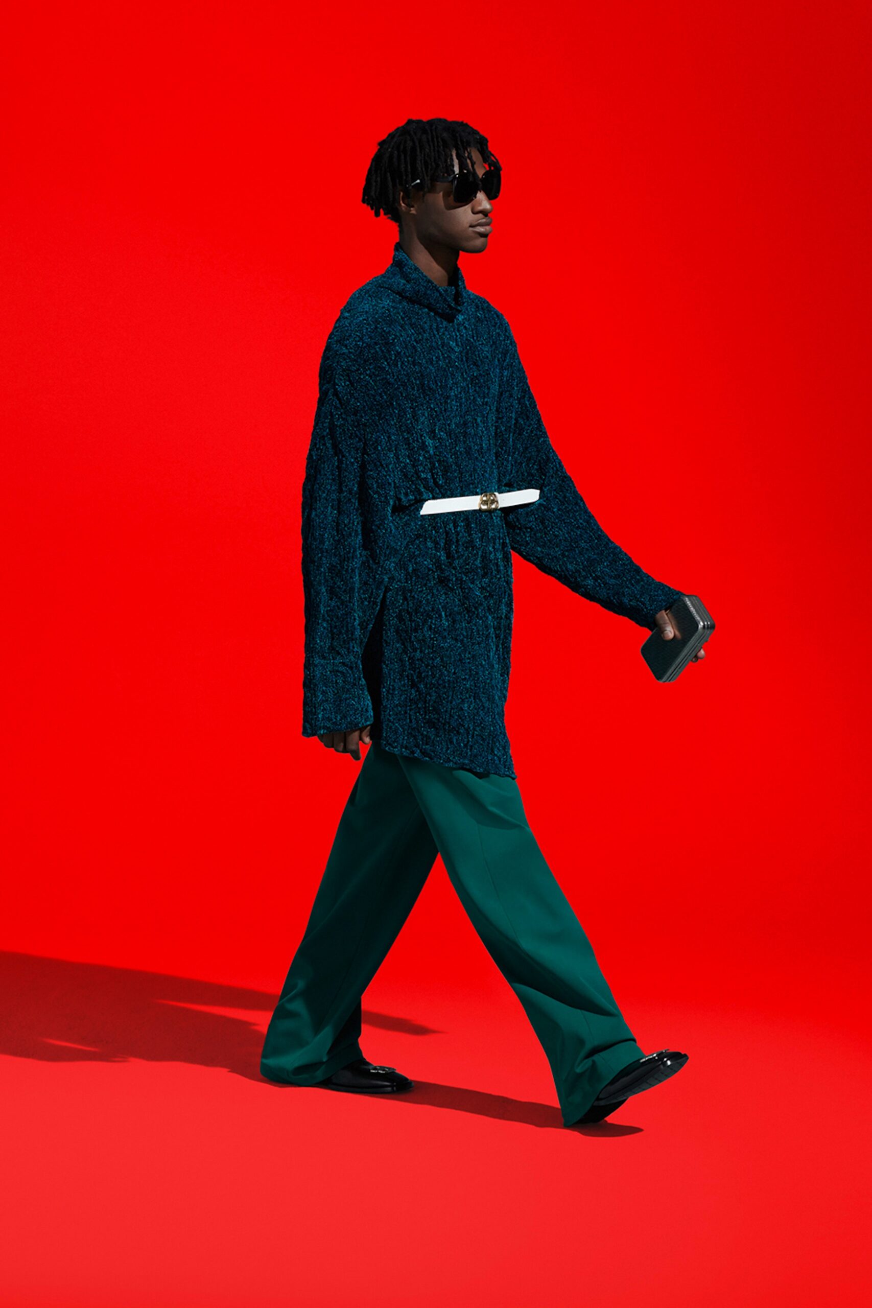 blue wool relaxed shirt with green tailored pants