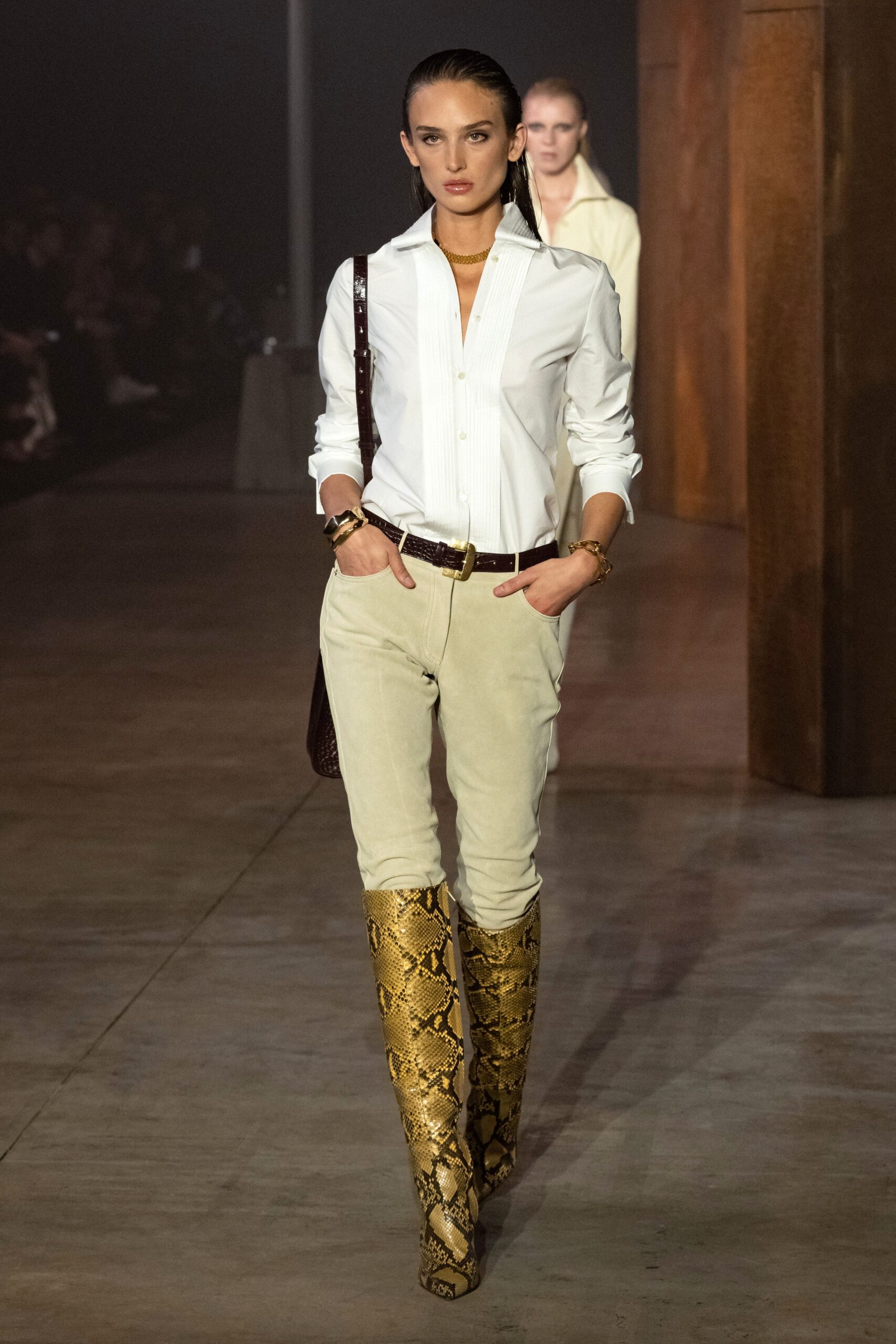 white fitted shirt beige pants