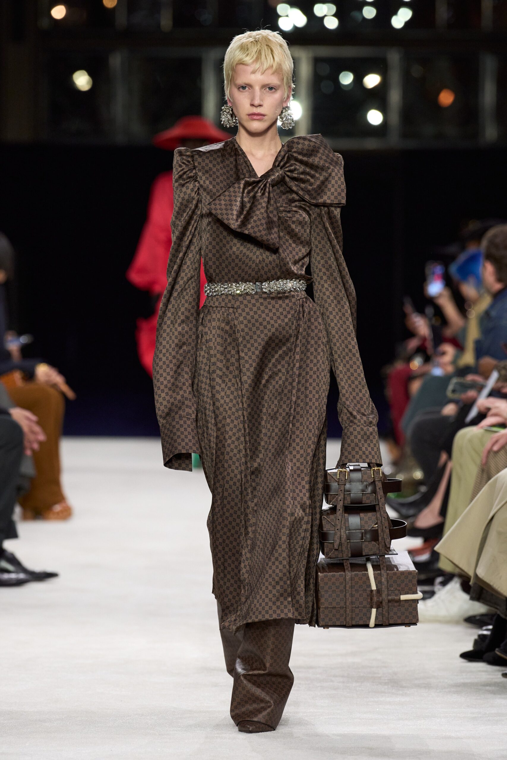 brown silk long-sleeve high-neck fitted pleated belted dress