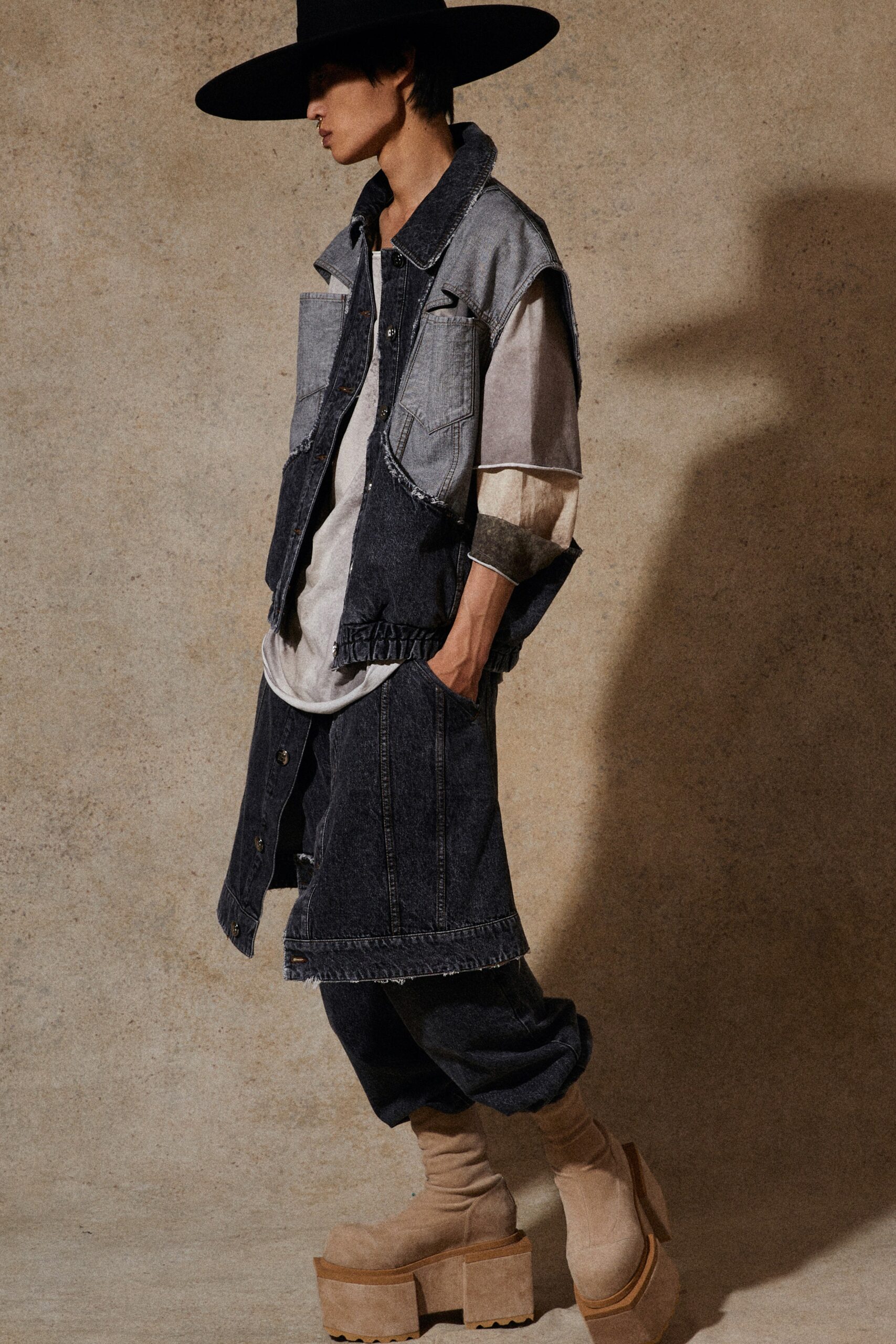 blue denim sleeveless collared relaxed layered buttoned vest