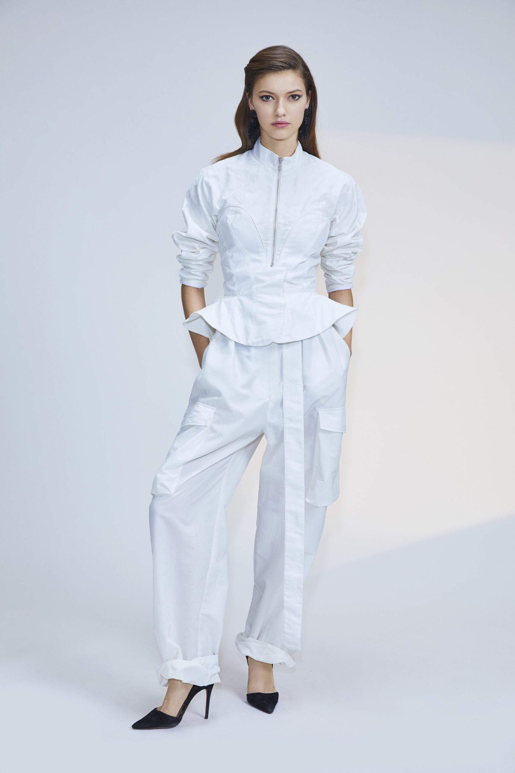 white fitted jacket and relaxed pants