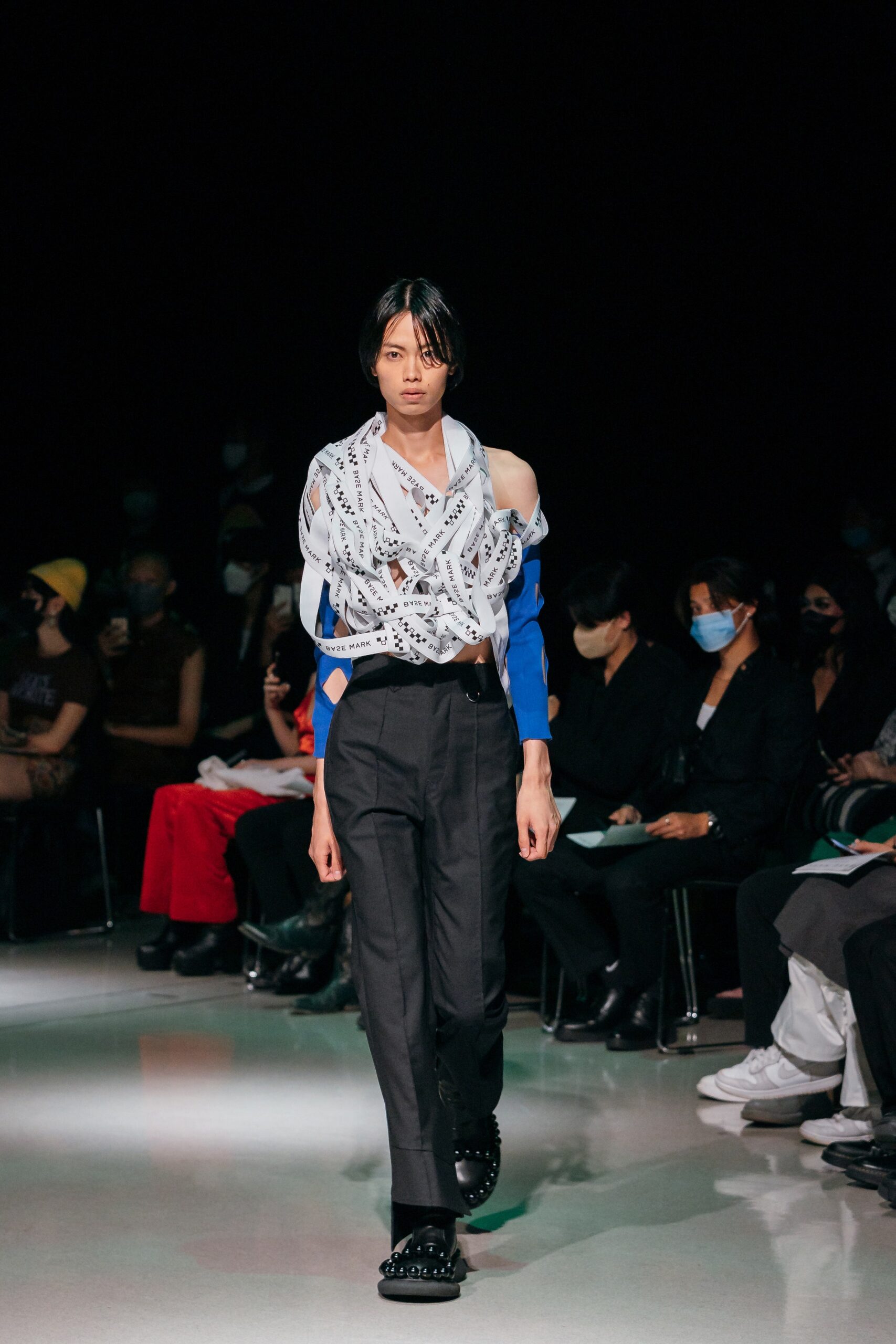 black tailored pants with layered top