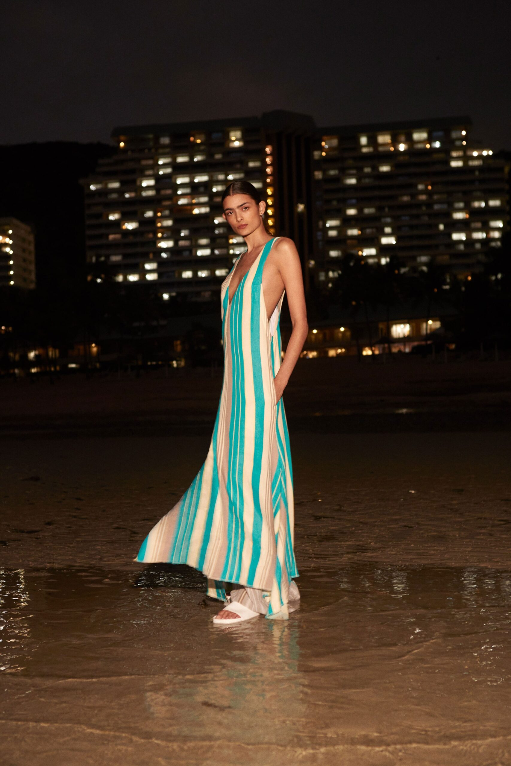 blue and white striped maxi dress