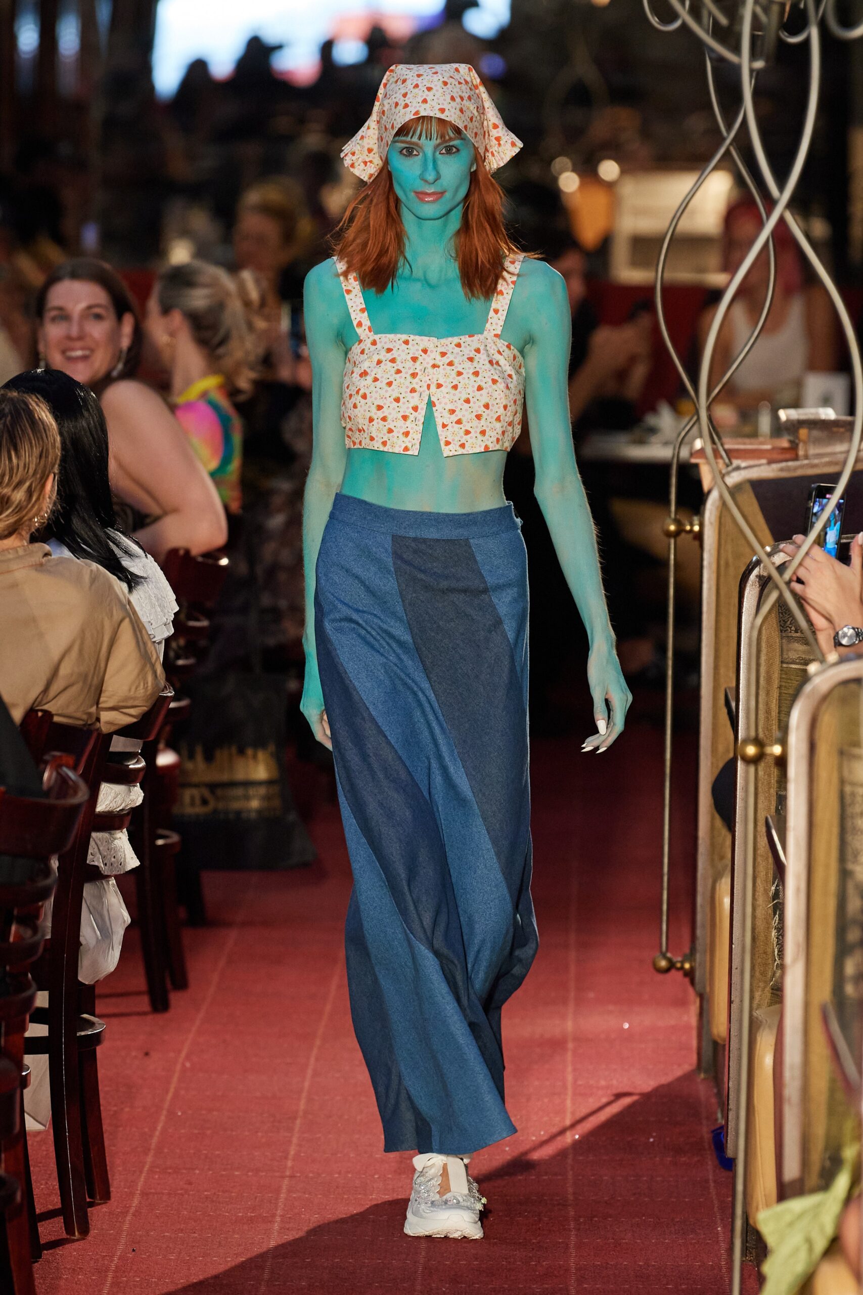 white embroidered crop-top with denim skirt