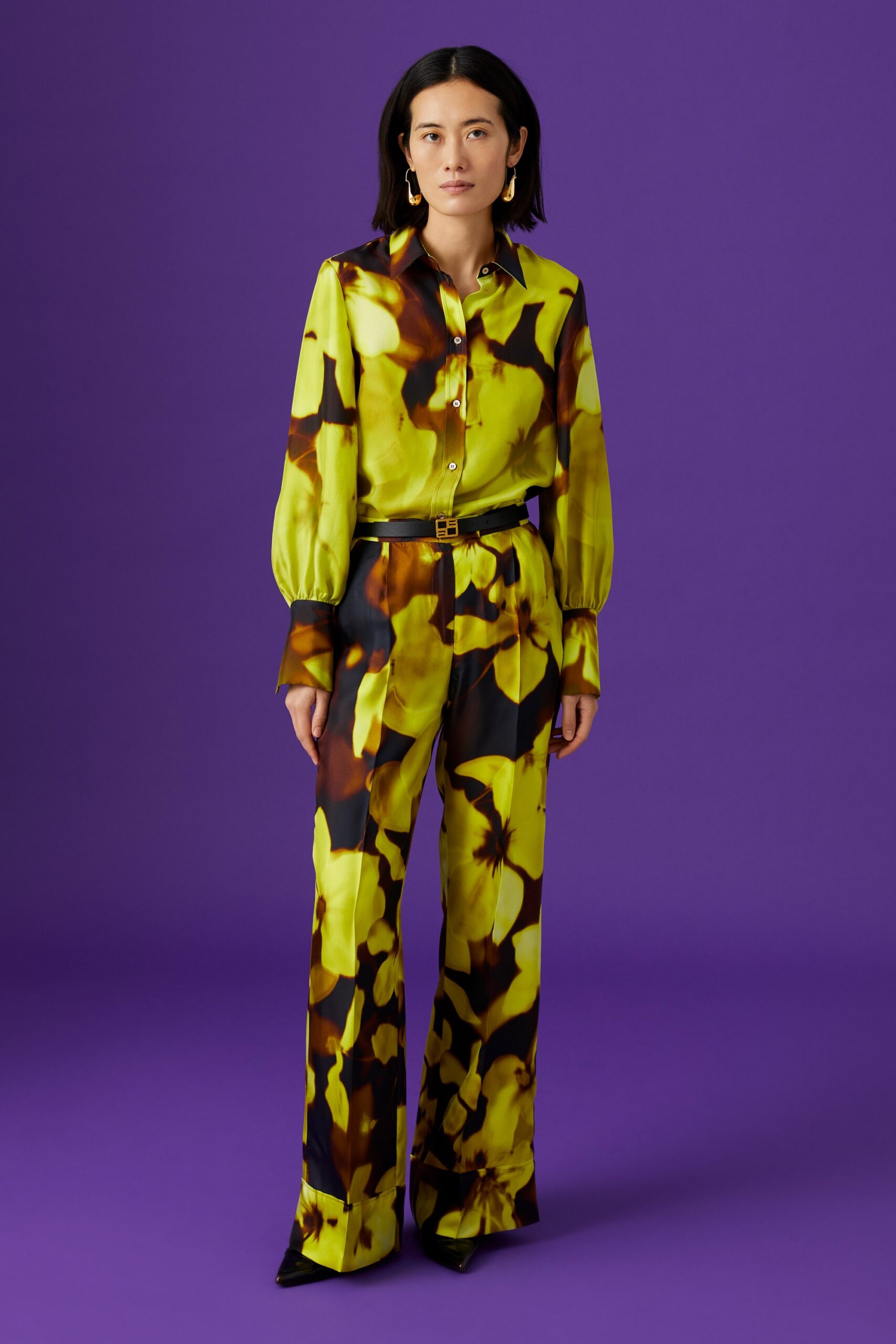 yellow printed silk shirt and pants