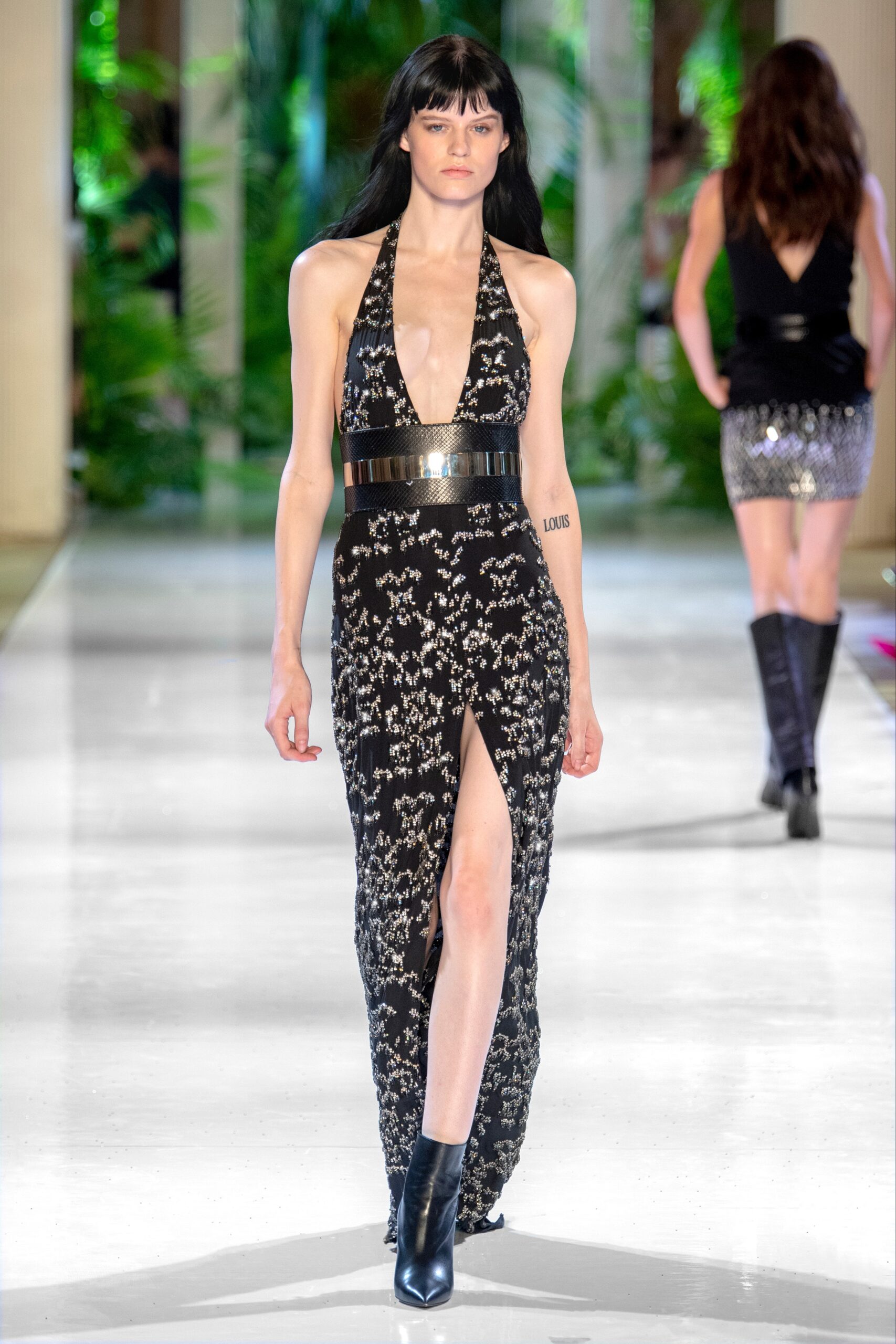 black silk sleeveless v-neck fitted flared maxi gown