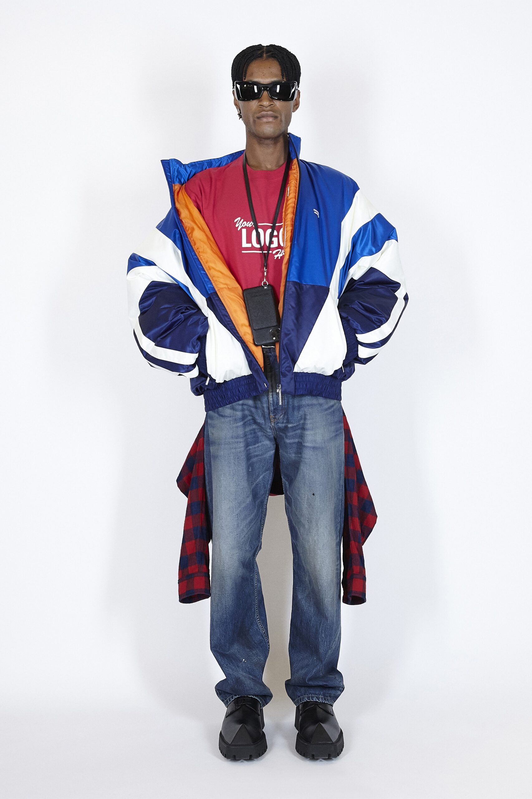 blue jersey long-sleeve hooded oversized color-blocked jacket