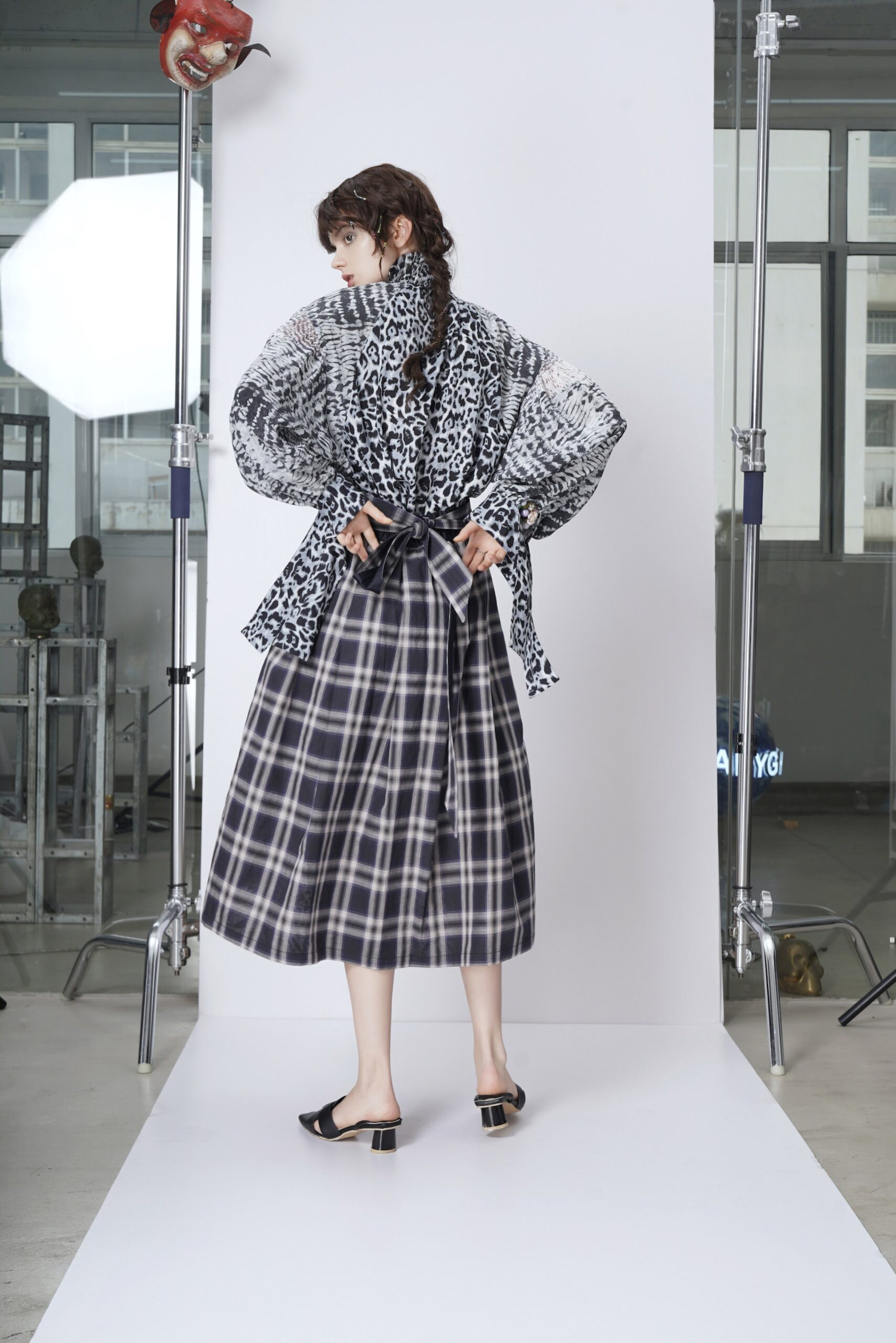 blue cotton fitted checked midi skirt