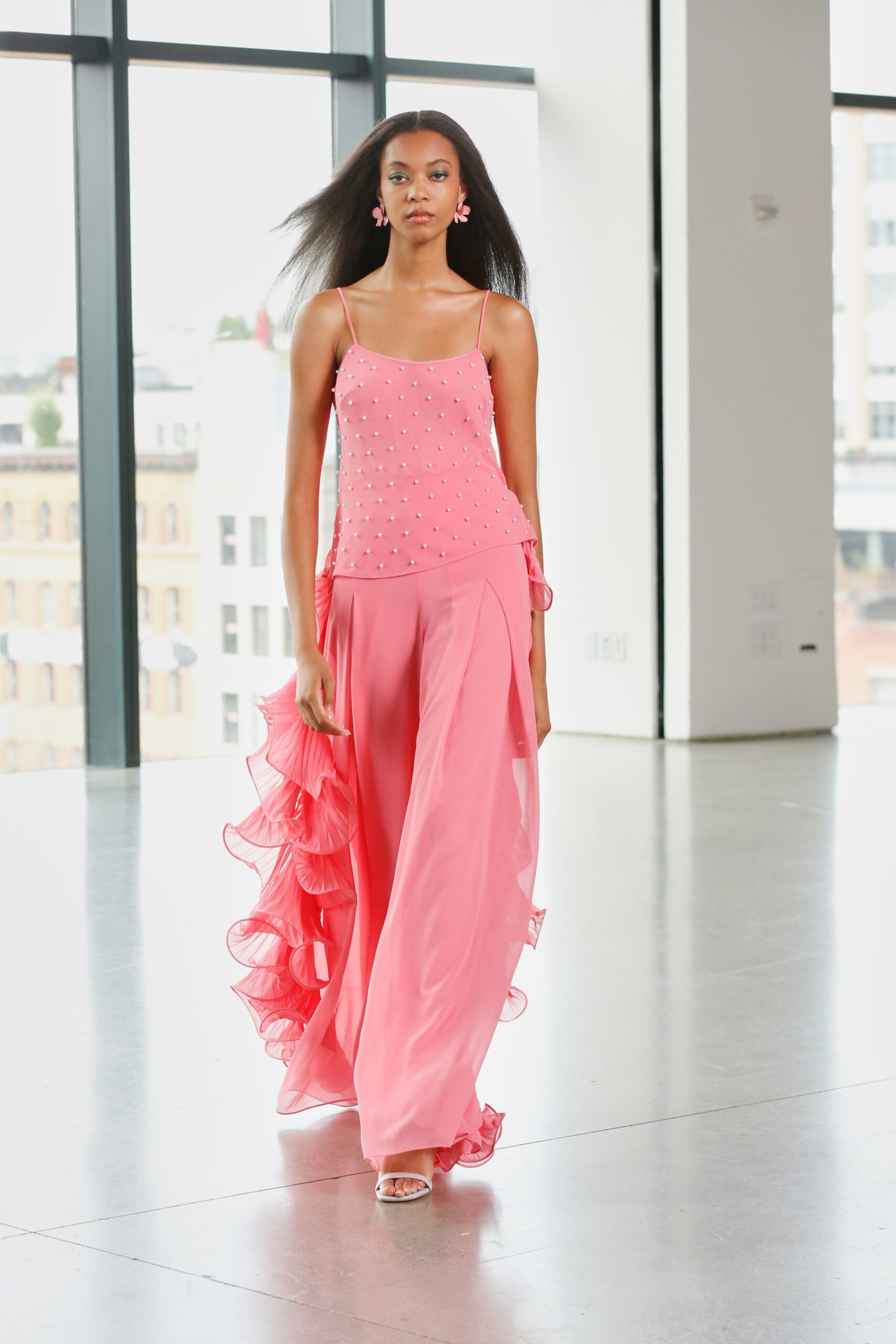 pink beaded top with flowing pants