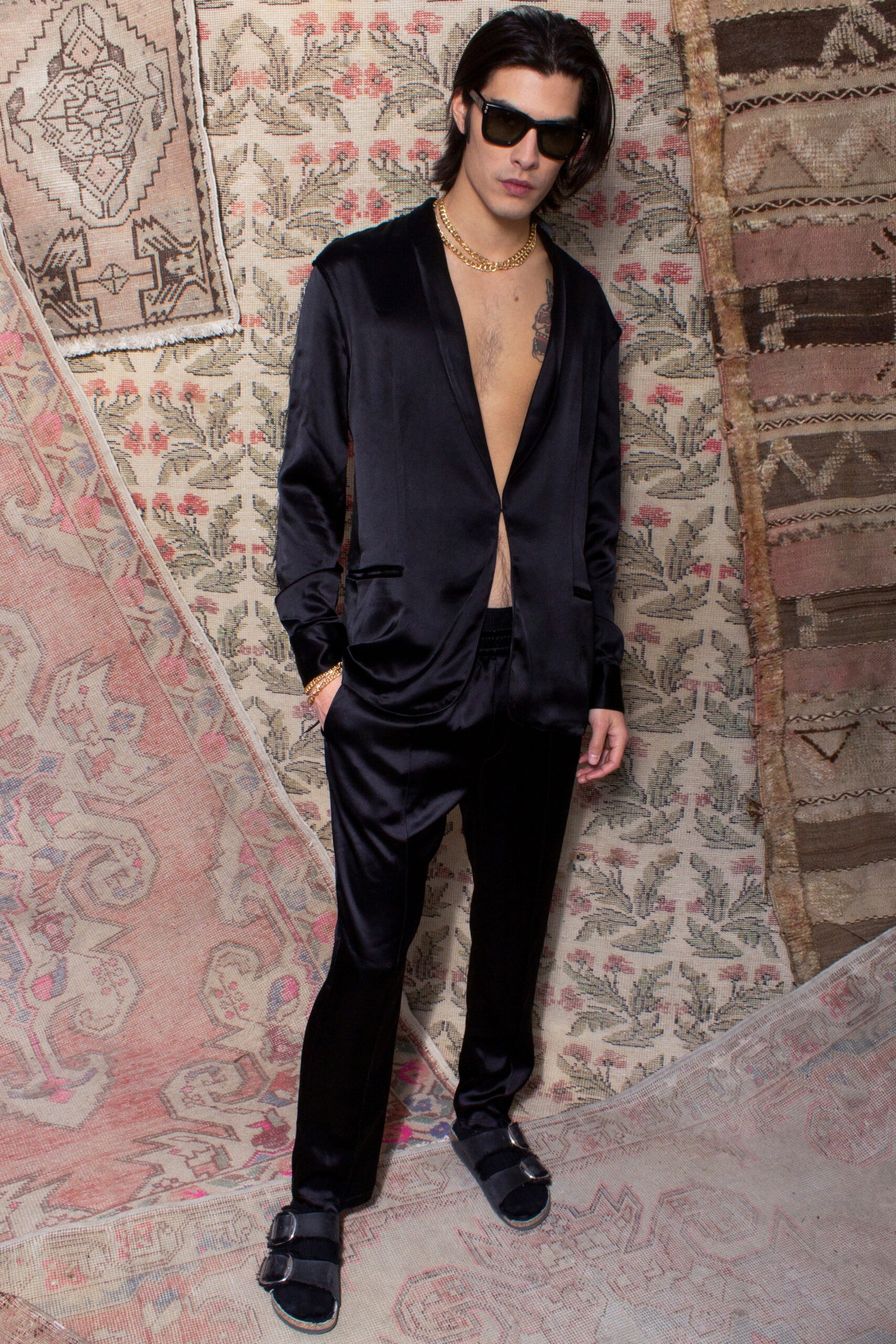 black silk fitted suit