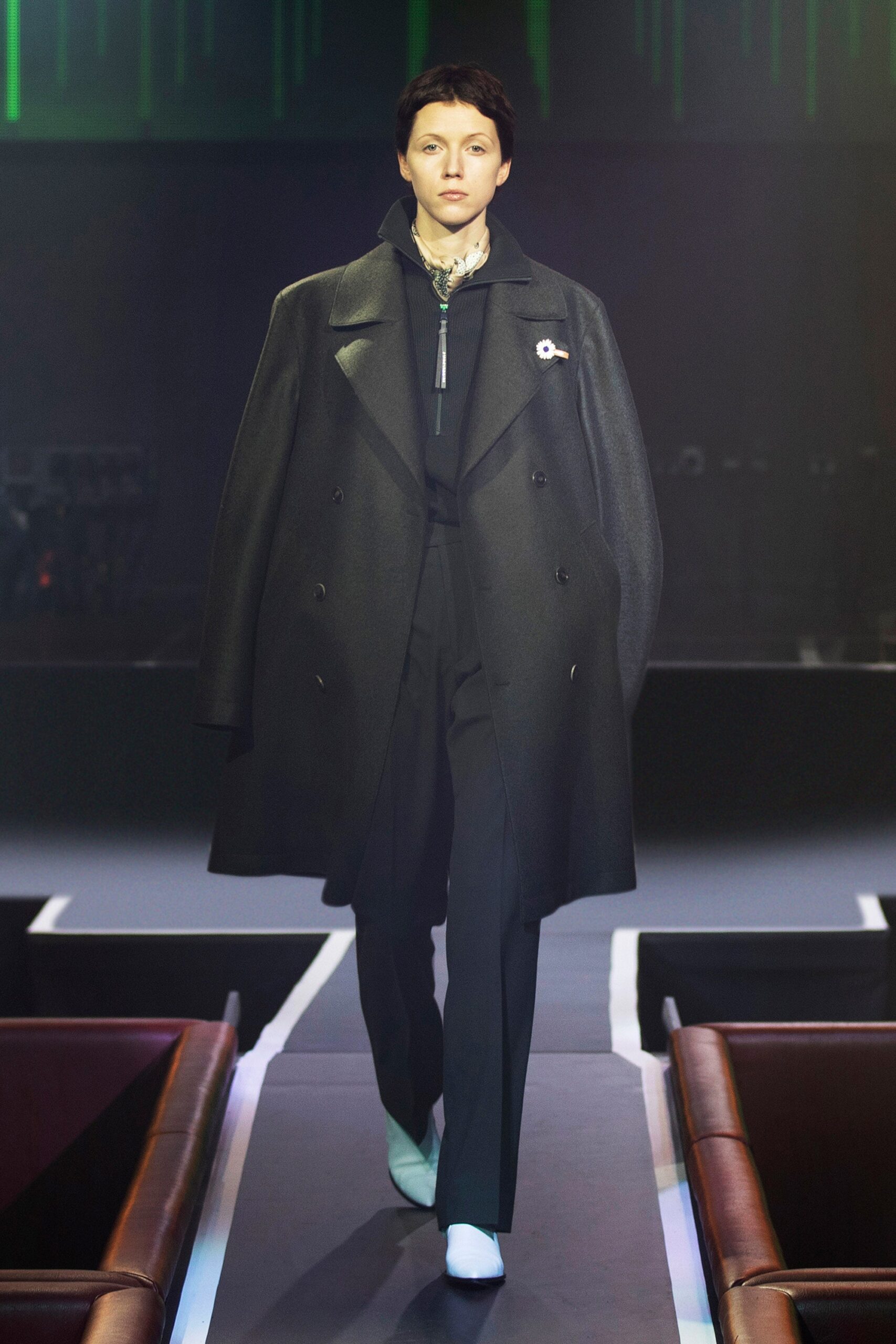 oversized black wool coat and tailored pants