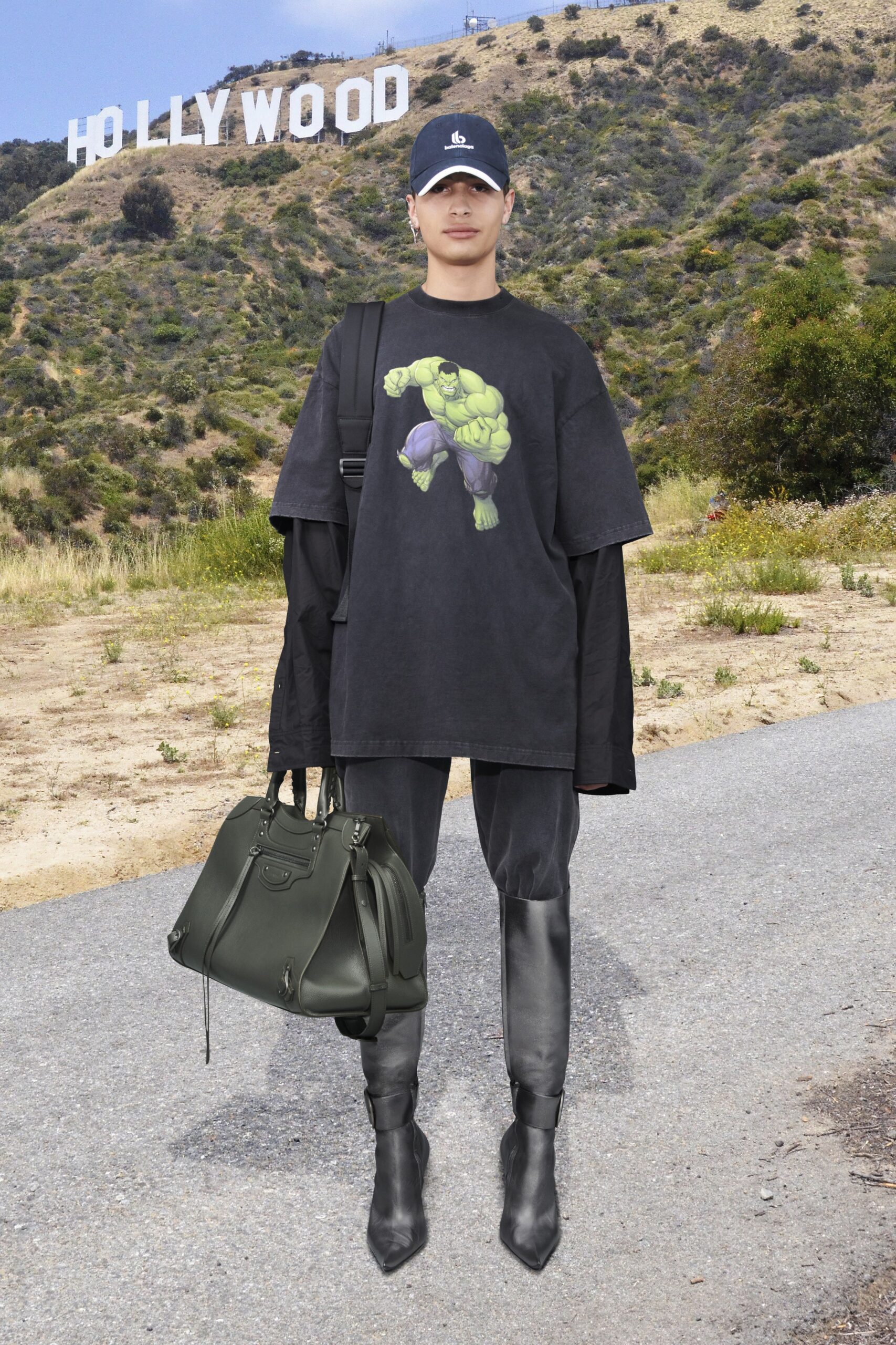 black oversized t-shirt and fitted pants