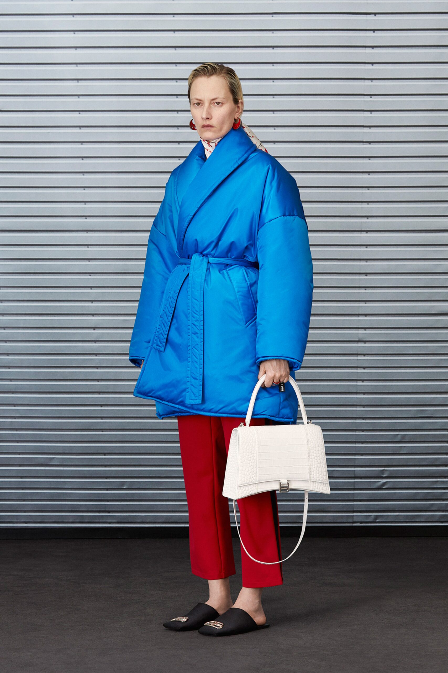 blue jersey long-sleeve collared oversized belted coat