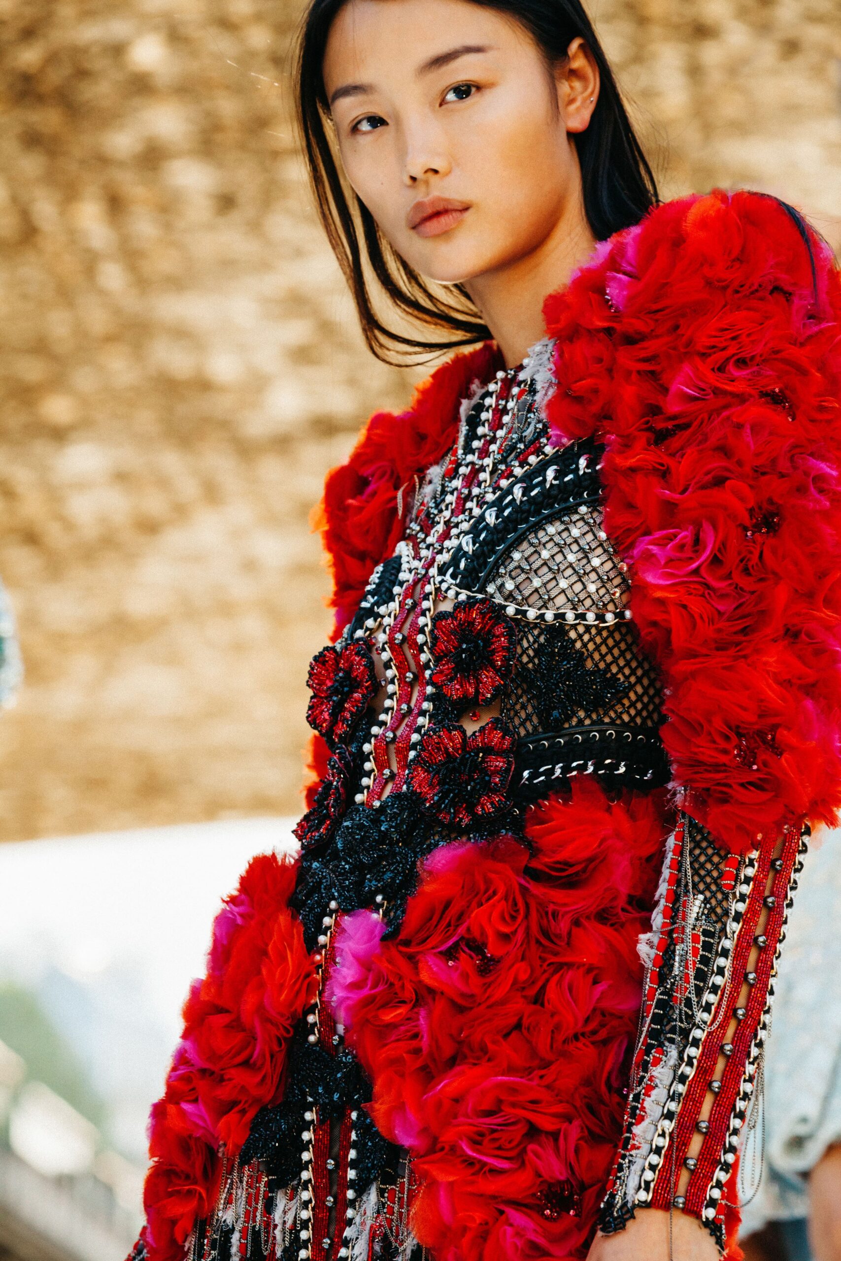 red silk fitted dress