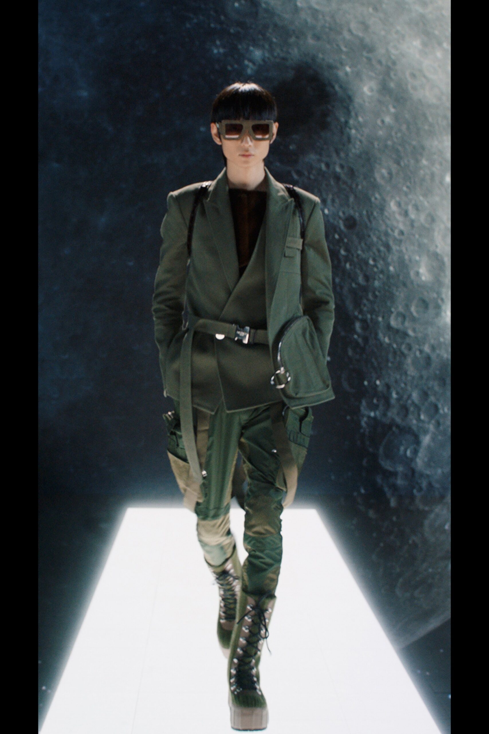 green tailored suit with cargo pants